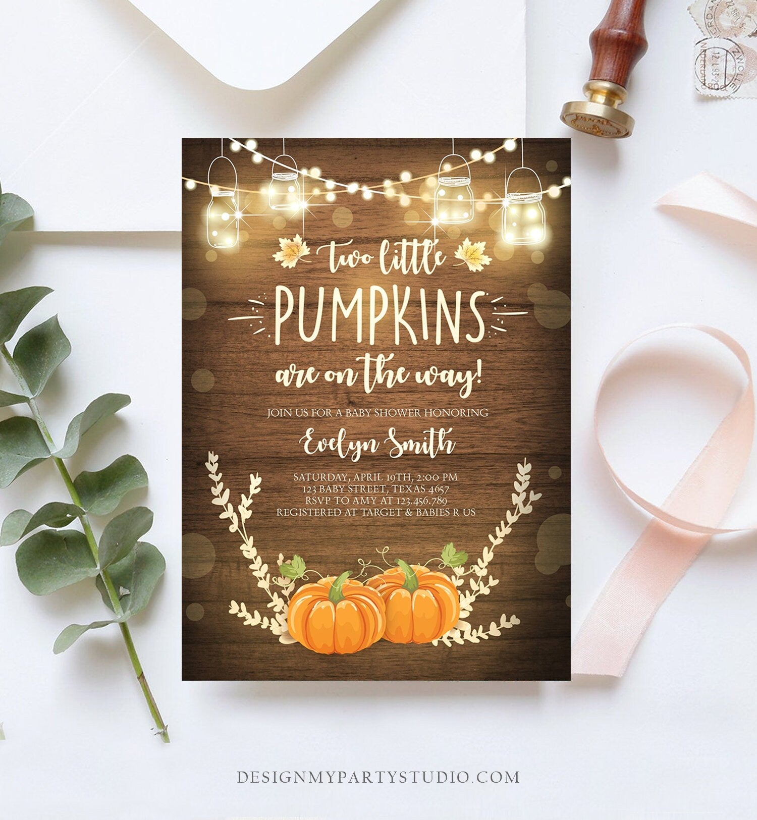 Editable Two Little Pumpkins Baby Shower Invitation Twins Orange Pumpkin Patch Autumn Fall Rustic Sprinkle Corjl Template Printable 0015