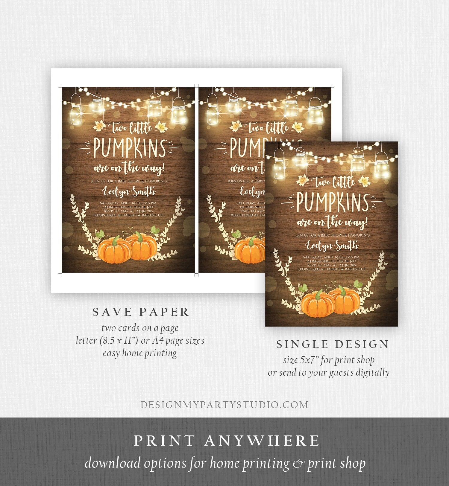 Editable Two Little Pumpkins Baby Shower Invitation Twins Orange Pumpkin Patch Autumn Fall Rustic Sprinkle Corjl Template Printable 0015