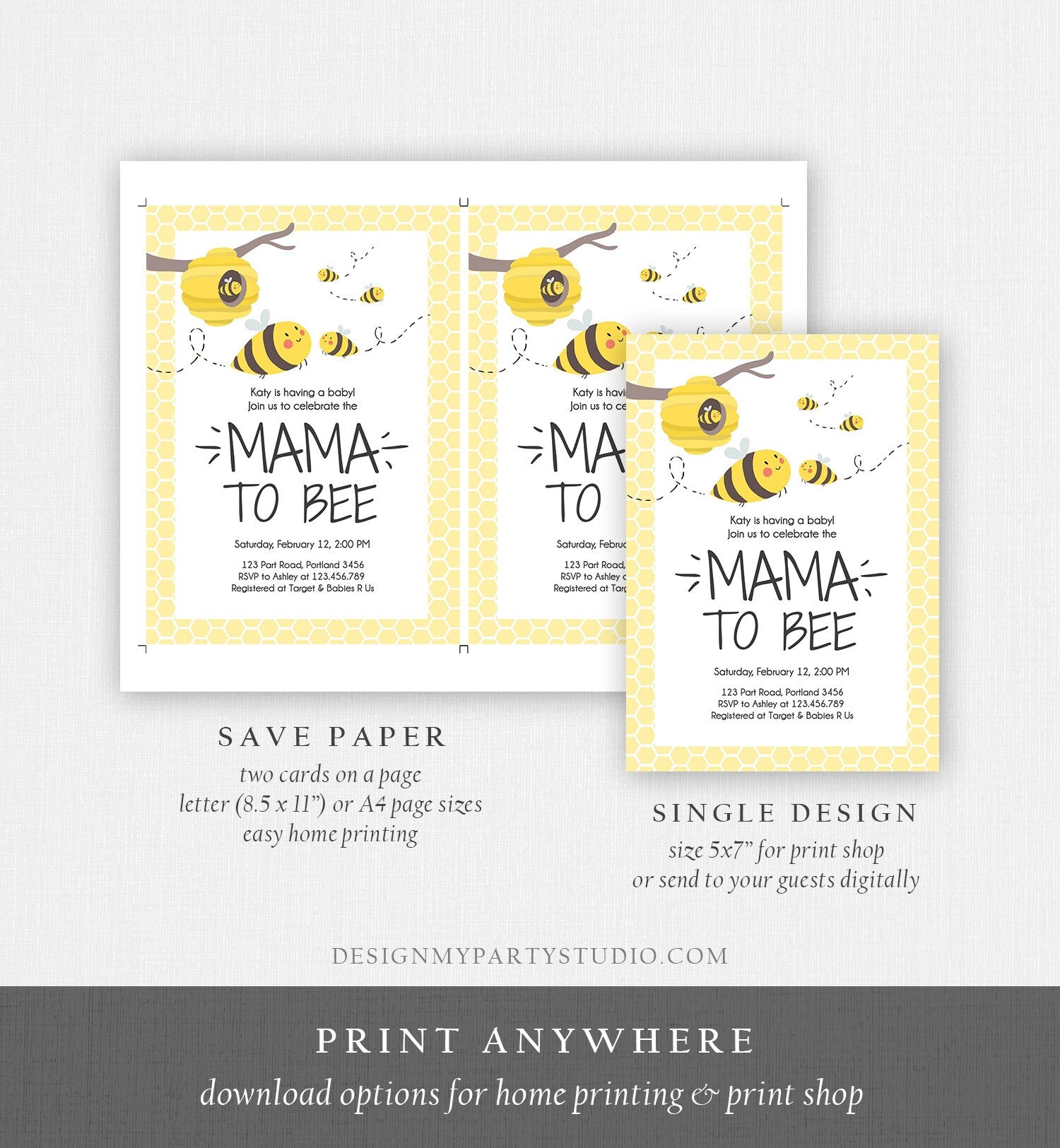 Editable Bee Baby Shower Invitation Mama to Bee Baby Shower Invite Honey Comb Hive Bees Download Printable Template Digital Corjl 0224