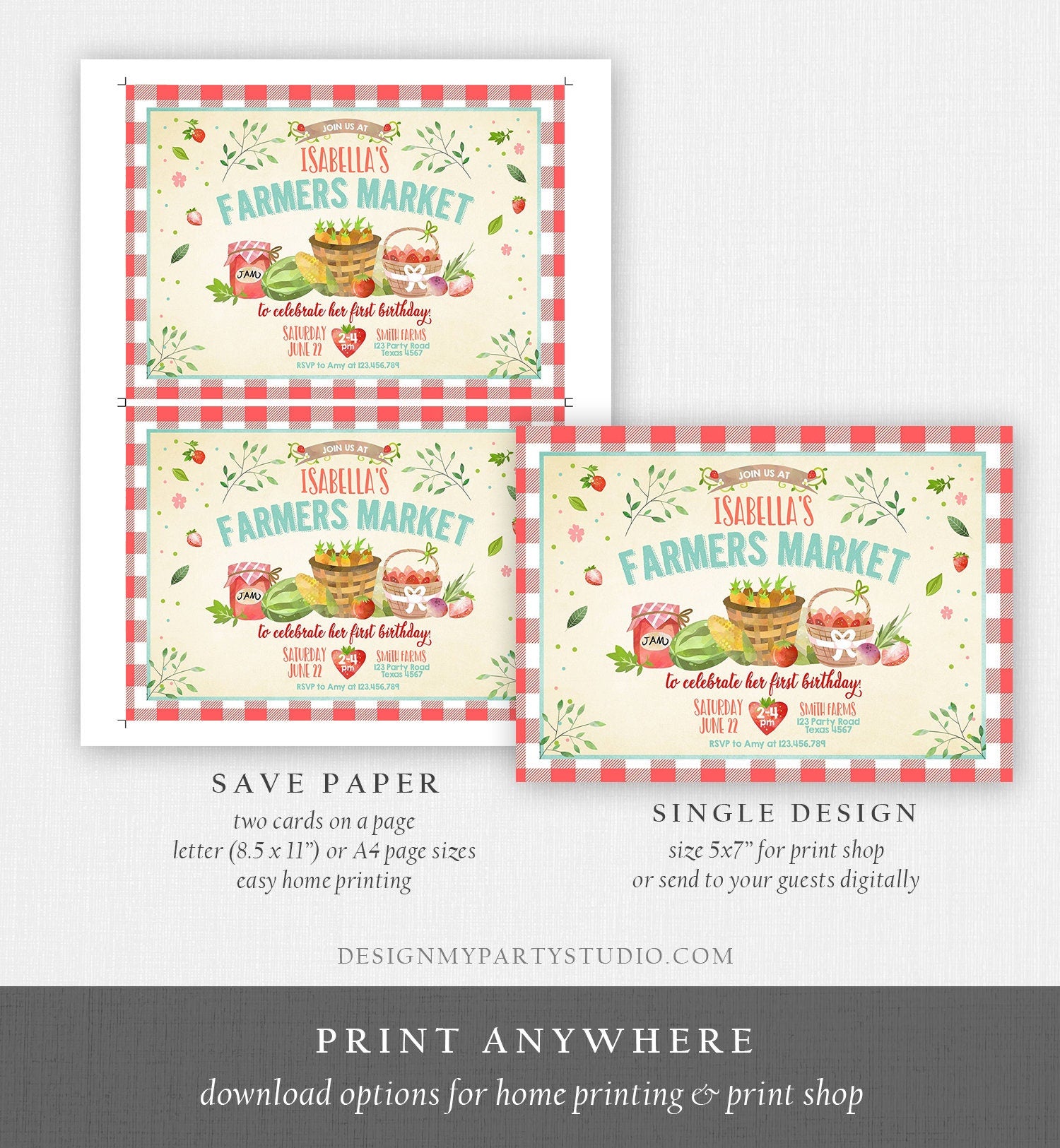 Editable Farmers Market Birthday Invitation Strawberry Farm Party Fruits Market Home Grown Digital Download Evite Template Printable 0144