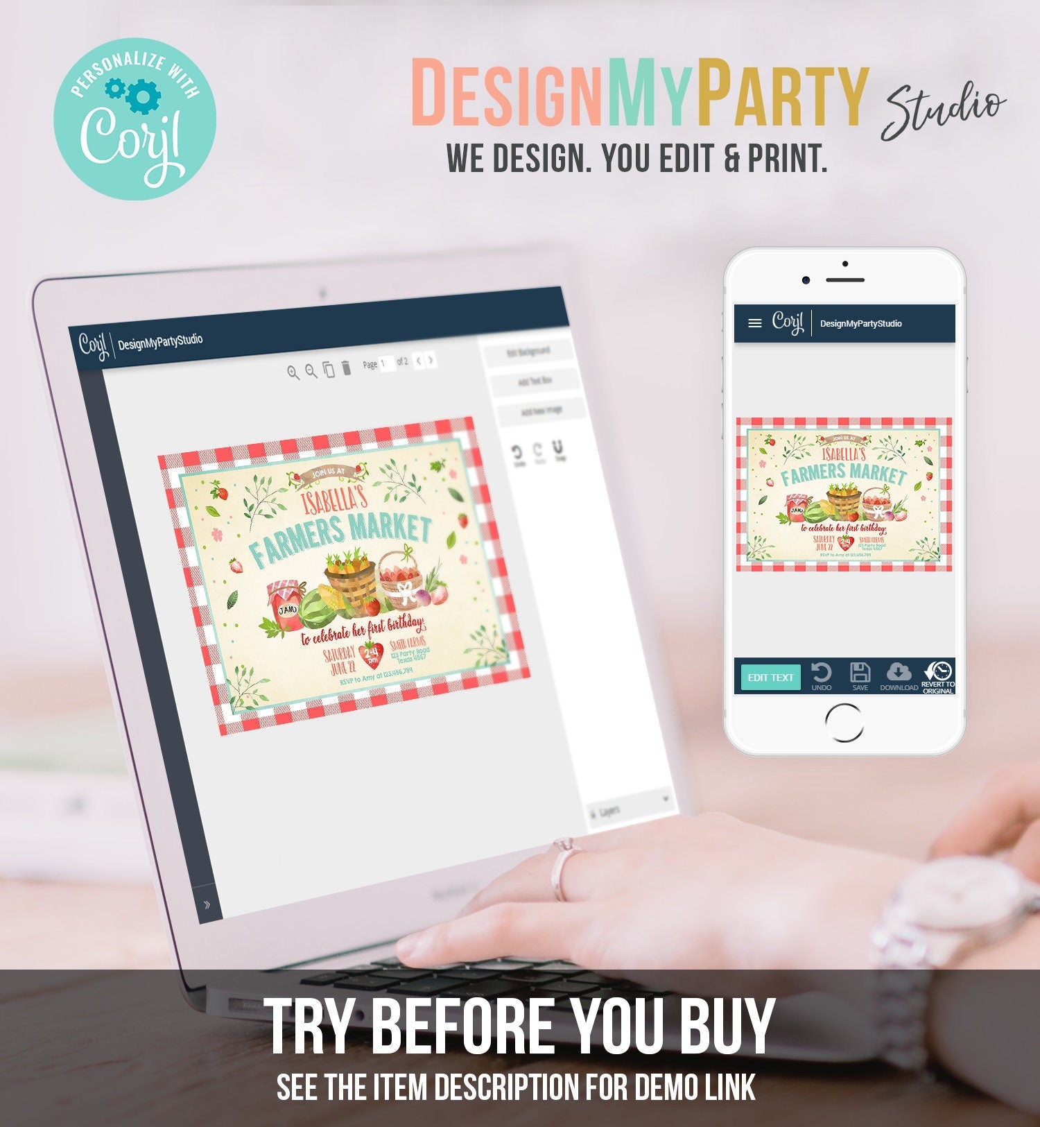 Editable Farmers Market Birthday Invitation Strawberry Farm Party Fruits Market Home Grown Digital Download Evite Template Printable 0144