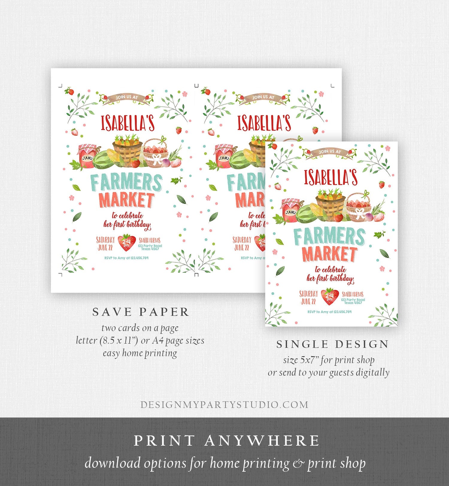 Editable Farmers Market Birthday Invitation Strawberry Home Grown Veggies Farm Fruits Market Download Printable Invite Template Corjl 0144