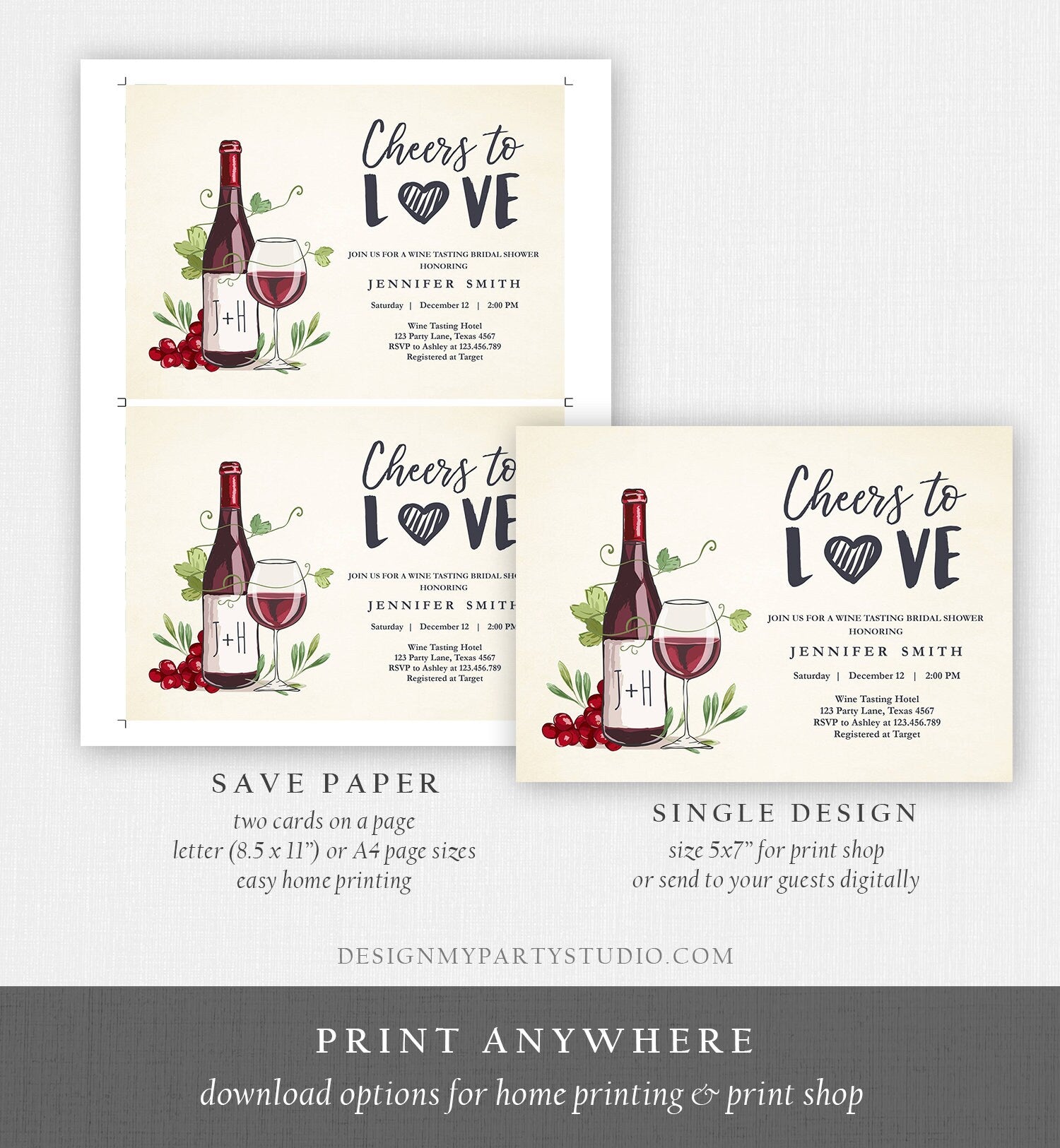 Editable Wine Bridal Shower Invitation Rustic Winery Cheers To Love Country Wine Tasting Couples Download Evite Template Printable 0234