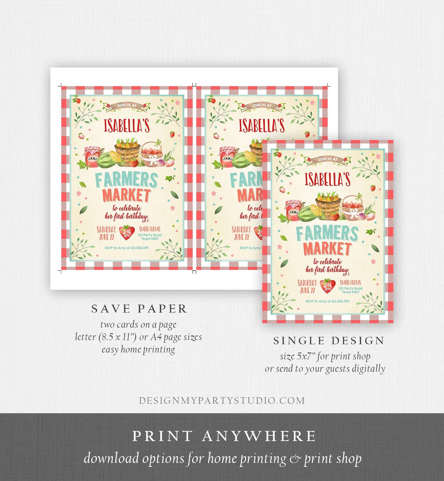 Editable Farmers Market Birthday Invitation Strawberry Farm Party Fruits Market Home Grown Download Printable Invitation Template Corjl 0144