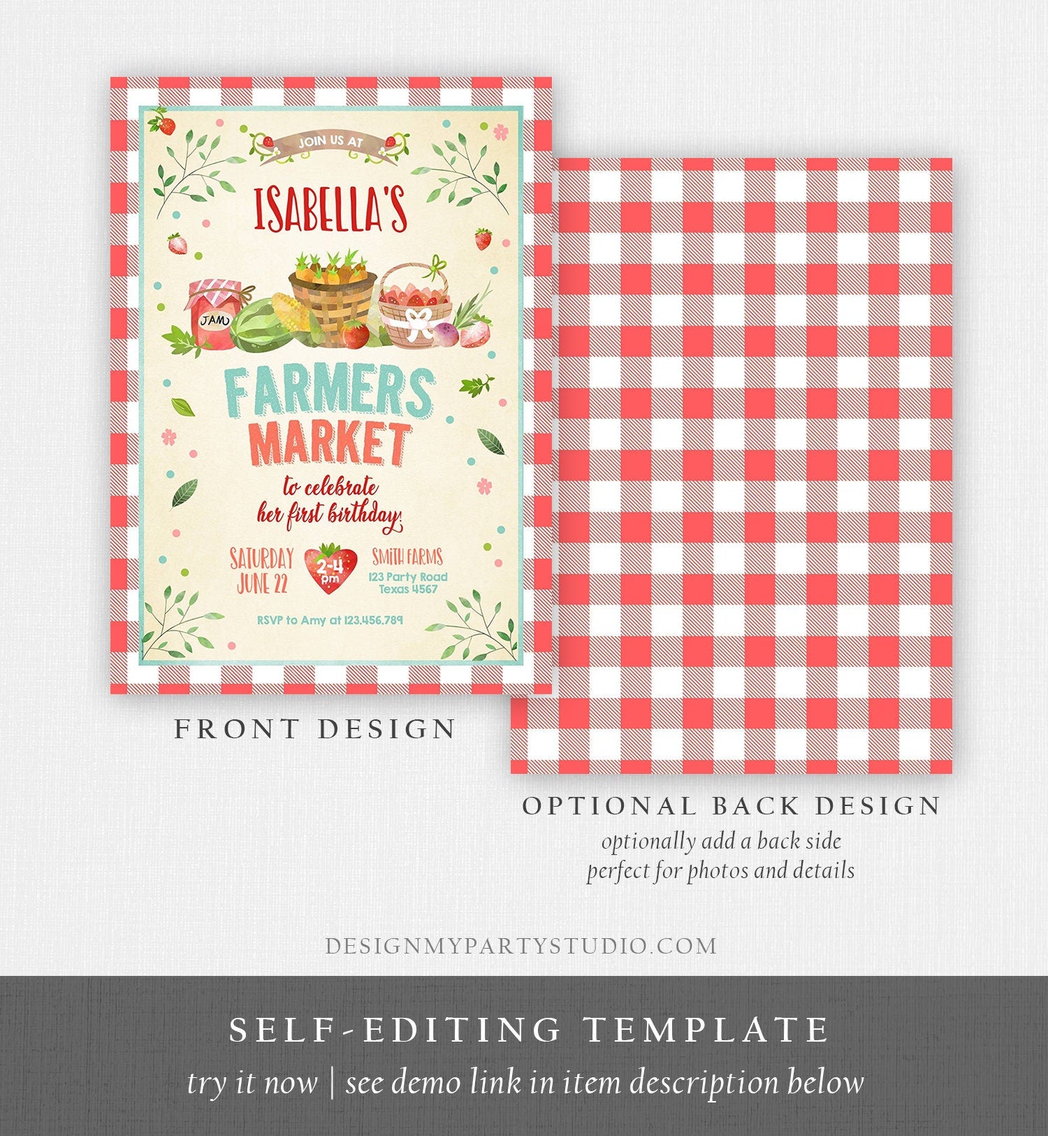 Editable Farmers Market Birthday Invitation Strawberry Farm Party Fruits Market Home Grown Download Printable Invitation Template Corjl 0144