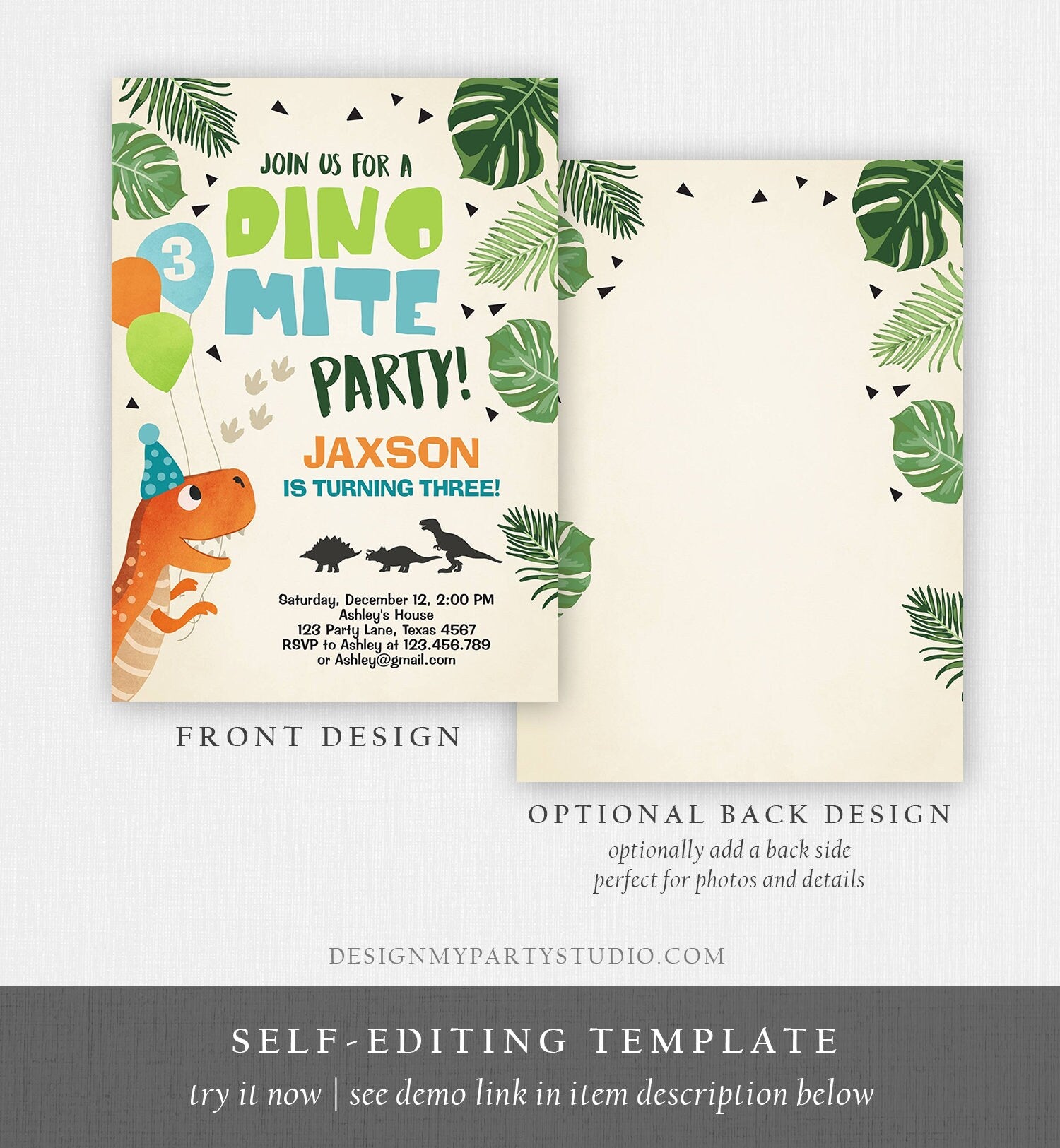 Editable Dinosaur Birthday Invitation Dino Mite T-Rex Dig Party Prehistoric Boy Dino Fossil Digital Download Corjl Template Printable 0074