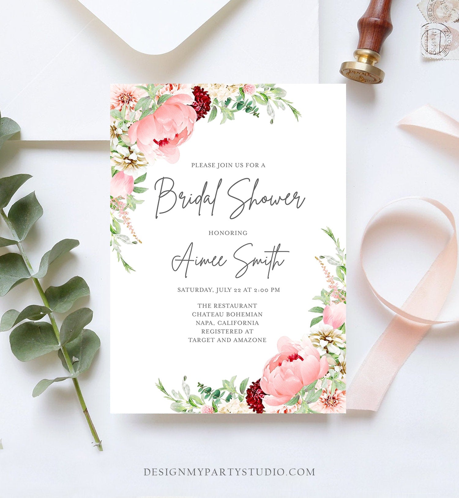 Editable Botanical Flowers Bridal Shower Invitation Floral Greenery Wedding Pastel Pink Peony Colors Digital Corjl Template Printable 0167