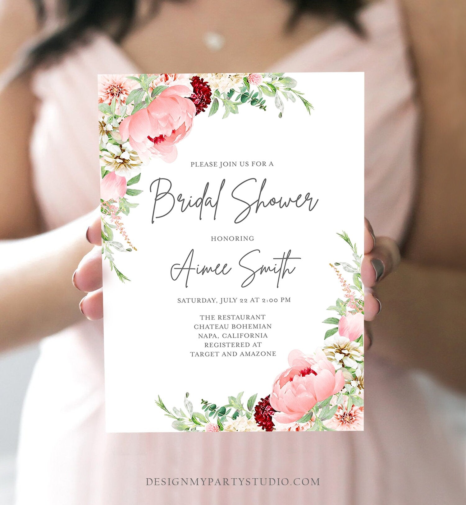 Editable Botanical Flowers Bridal Shower Invitation Floral Greenery Wedding Pastel Pink Peony Colors Digital Corjl Template Printable 0167