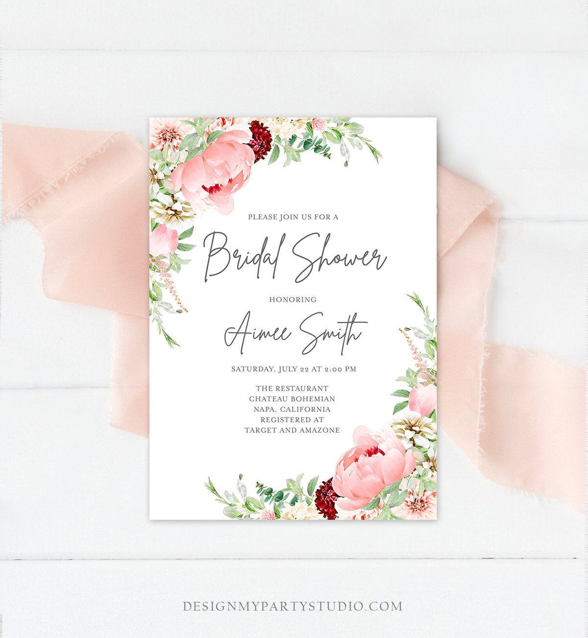 Editable Botanical Flowers Bridal Shower Invitation Floral Greenery Wedding Pastel Pink Peony Colors Digital Corjl Template Printable 0167