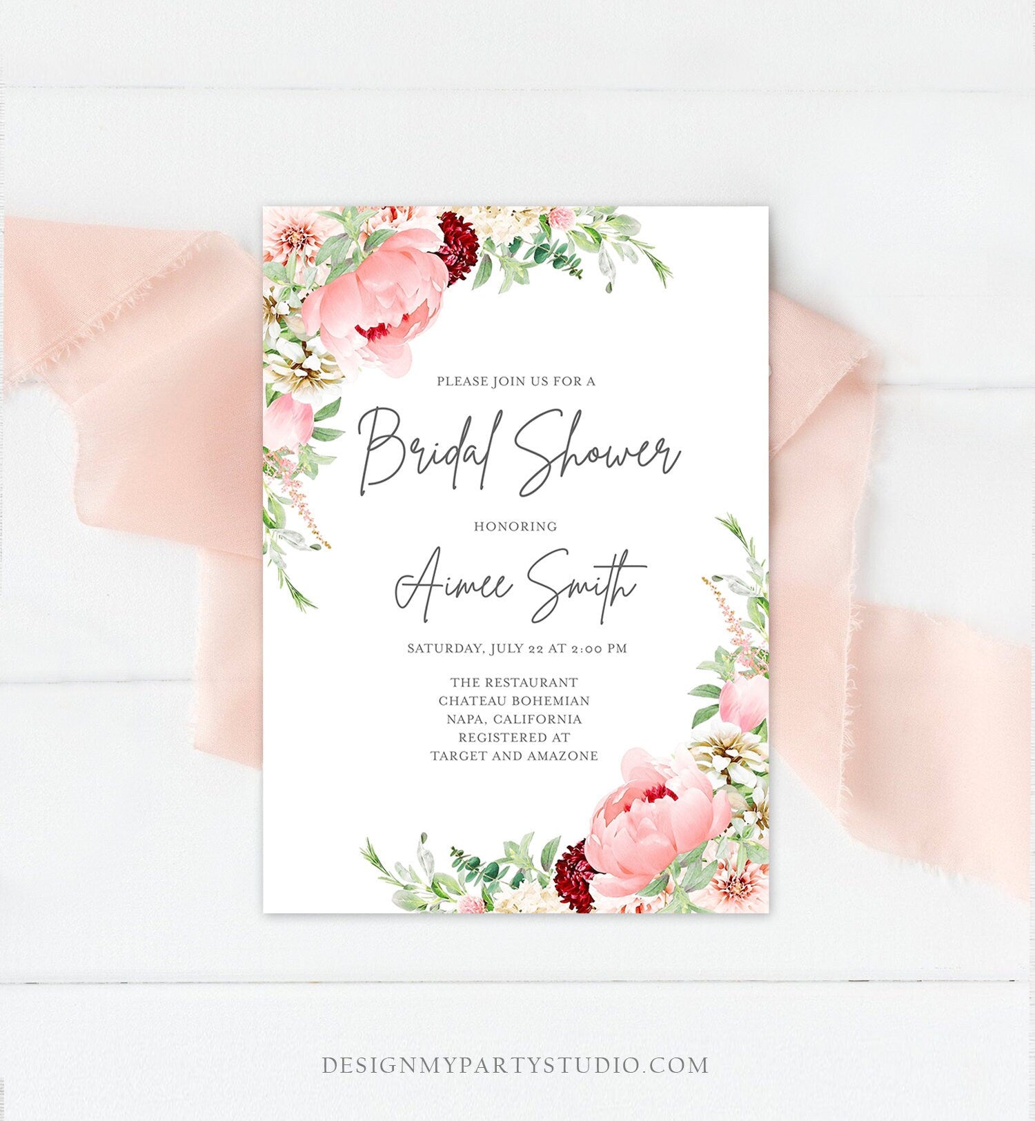 Editable Botanical Flowers Bridal Shower Invitation Floral Greenery Wedding Pastel Pink Peony Colors Digital Corjl Template Printable 0167