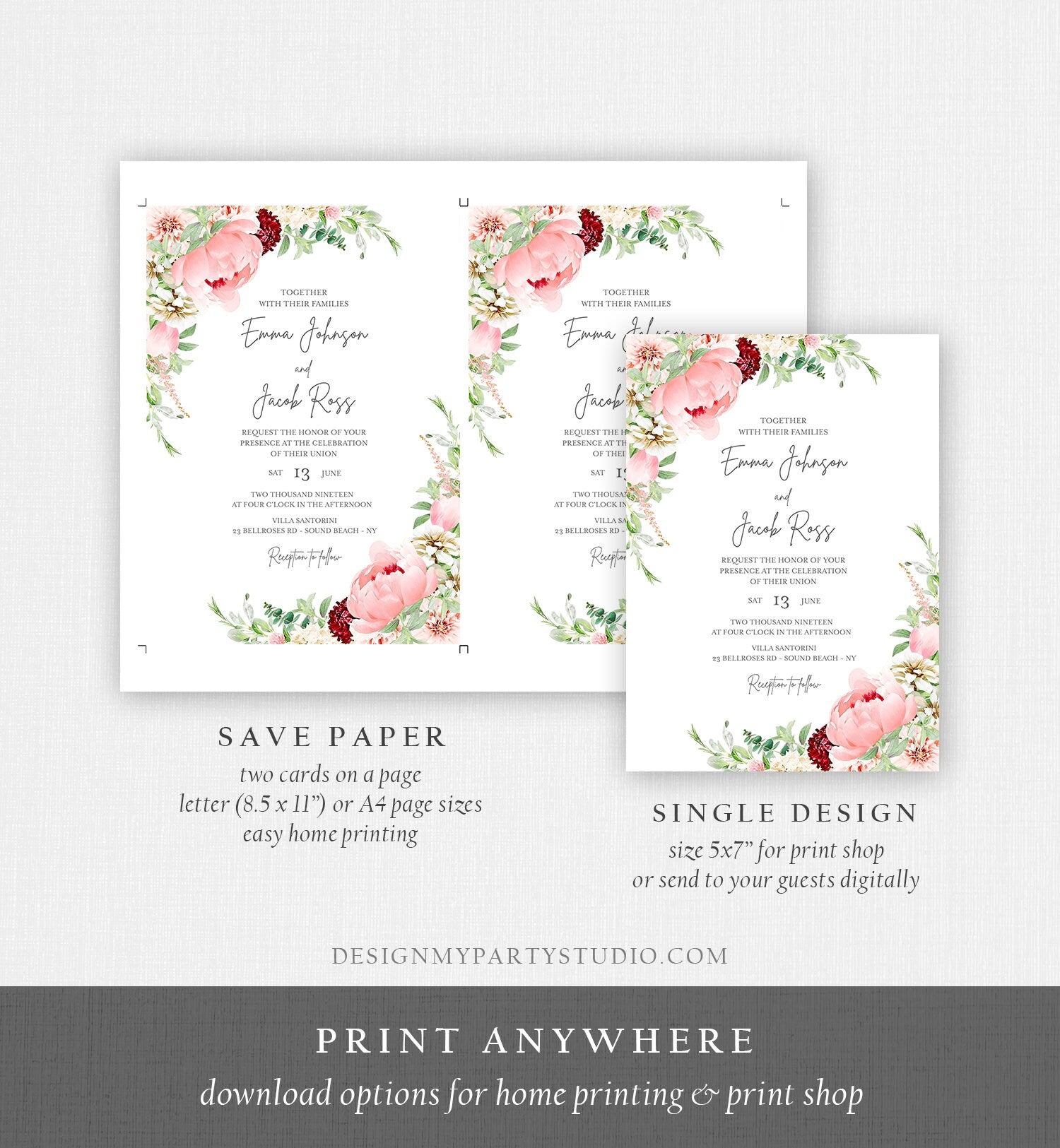 Editable Botanical Flowers Wedding Invitation Floral Greenery Bridal Shower Pastel Pink Peony Colors Digital Corjl Template Printable 0167