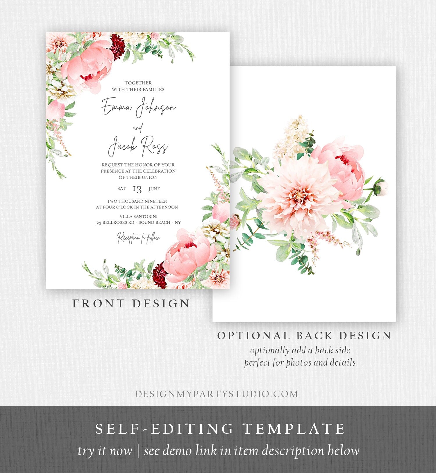 Editable Botanical Flowers Wedding Invitation Floral Greenery Bridal Shower Pastel Pink Peony Colors Digital Corjl Template Printable 0167