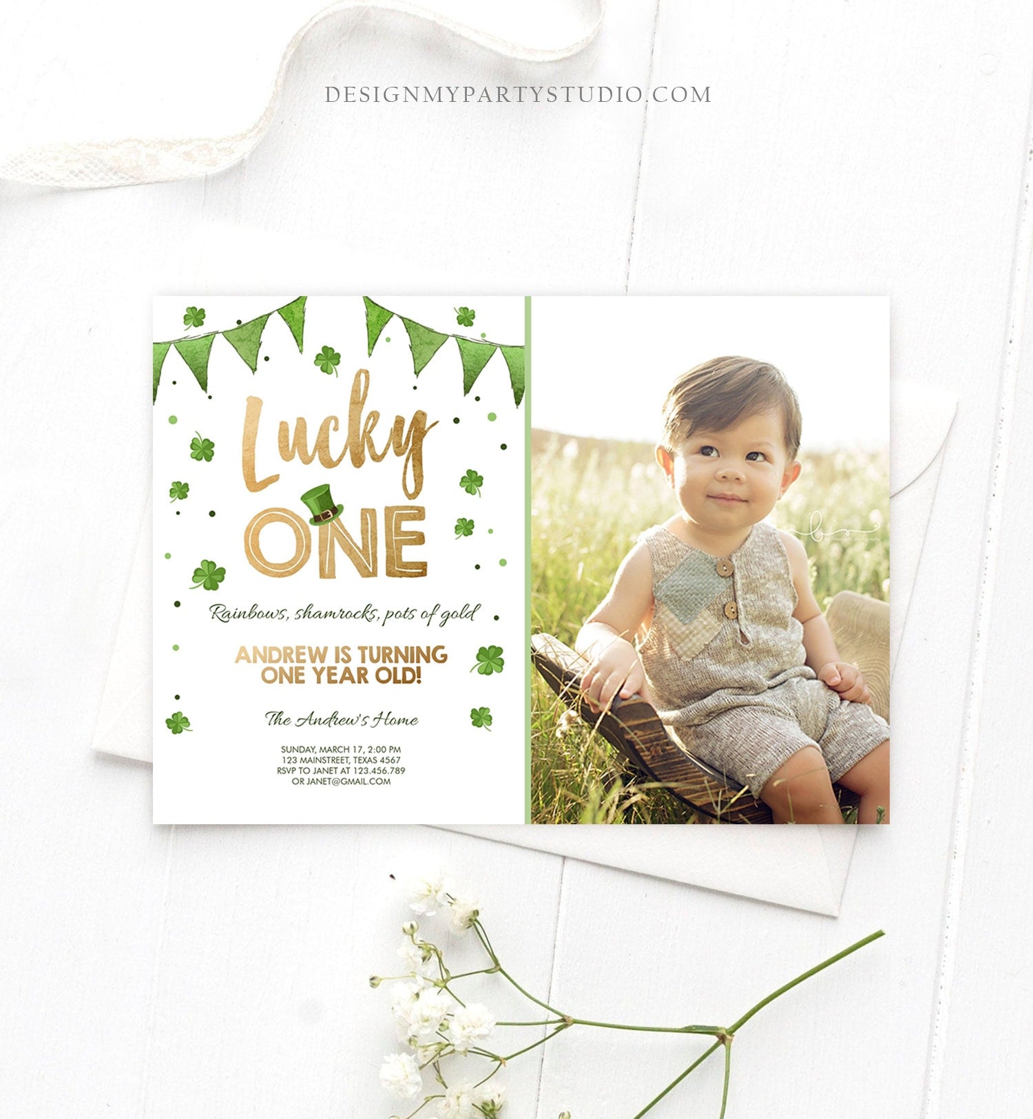 Editable St. Patrick's Day Birthday Invitation Shamrock Clover St Patricks day Birthday Lucky One Printable Invite Template Corjl 0115