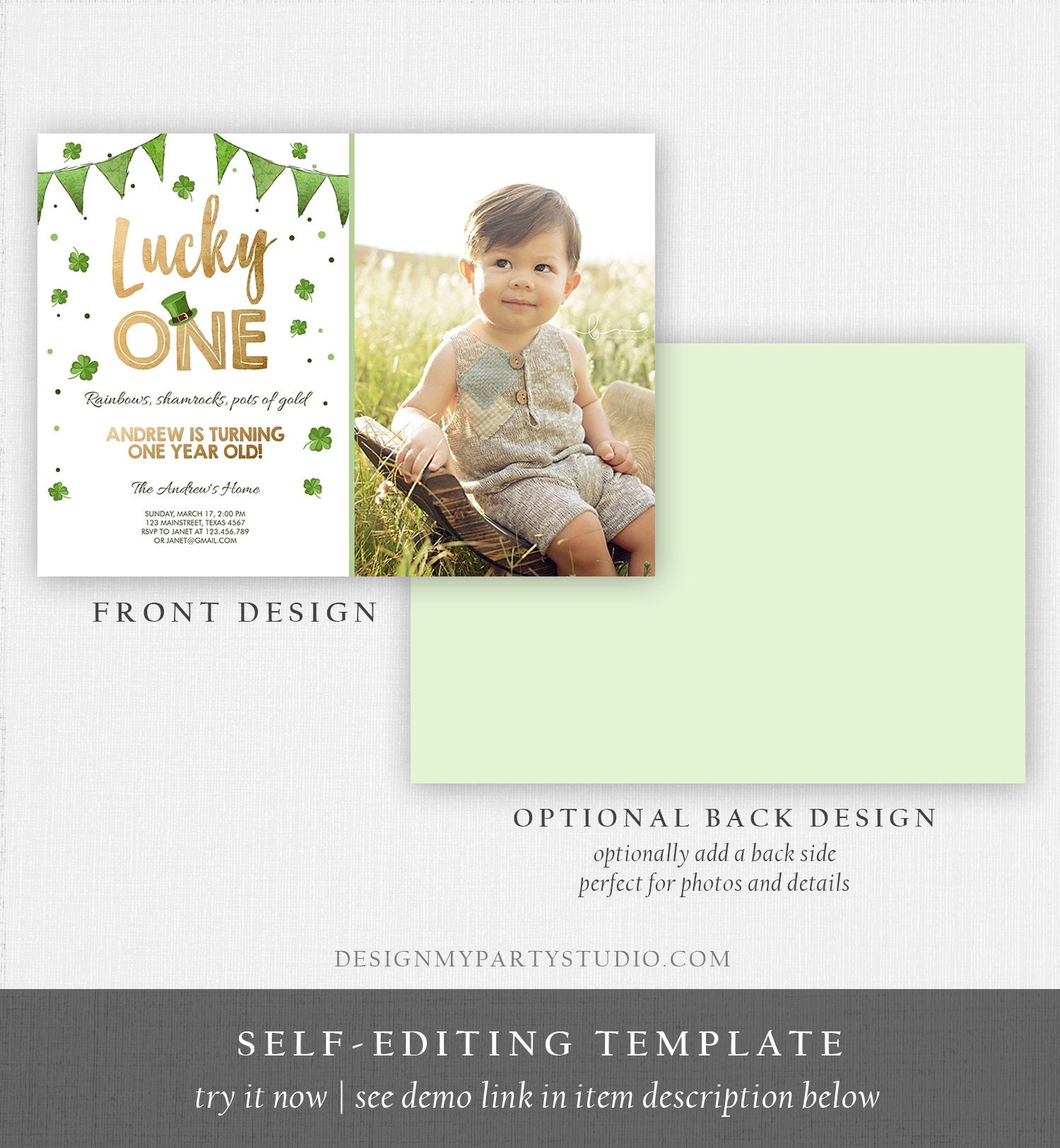 Editable St. Patrick's Day Birthday Invitation Shamrock Clover St Patricks day Birthday Lucky One Printable Invite Template Corjl 0115