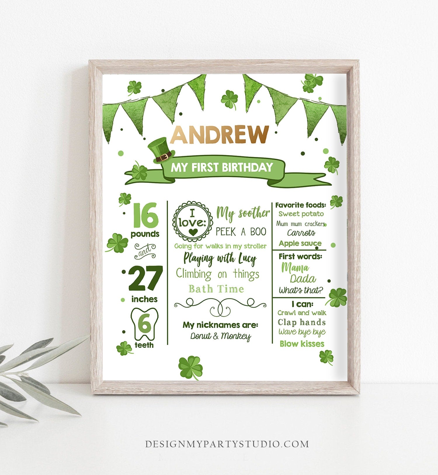 Editable St Patricks Day Milestones Sign Lucky 1sr Birthday Sign Shamrock 1st Birthday Gold Green Clover White Template Printable Corjl 0115