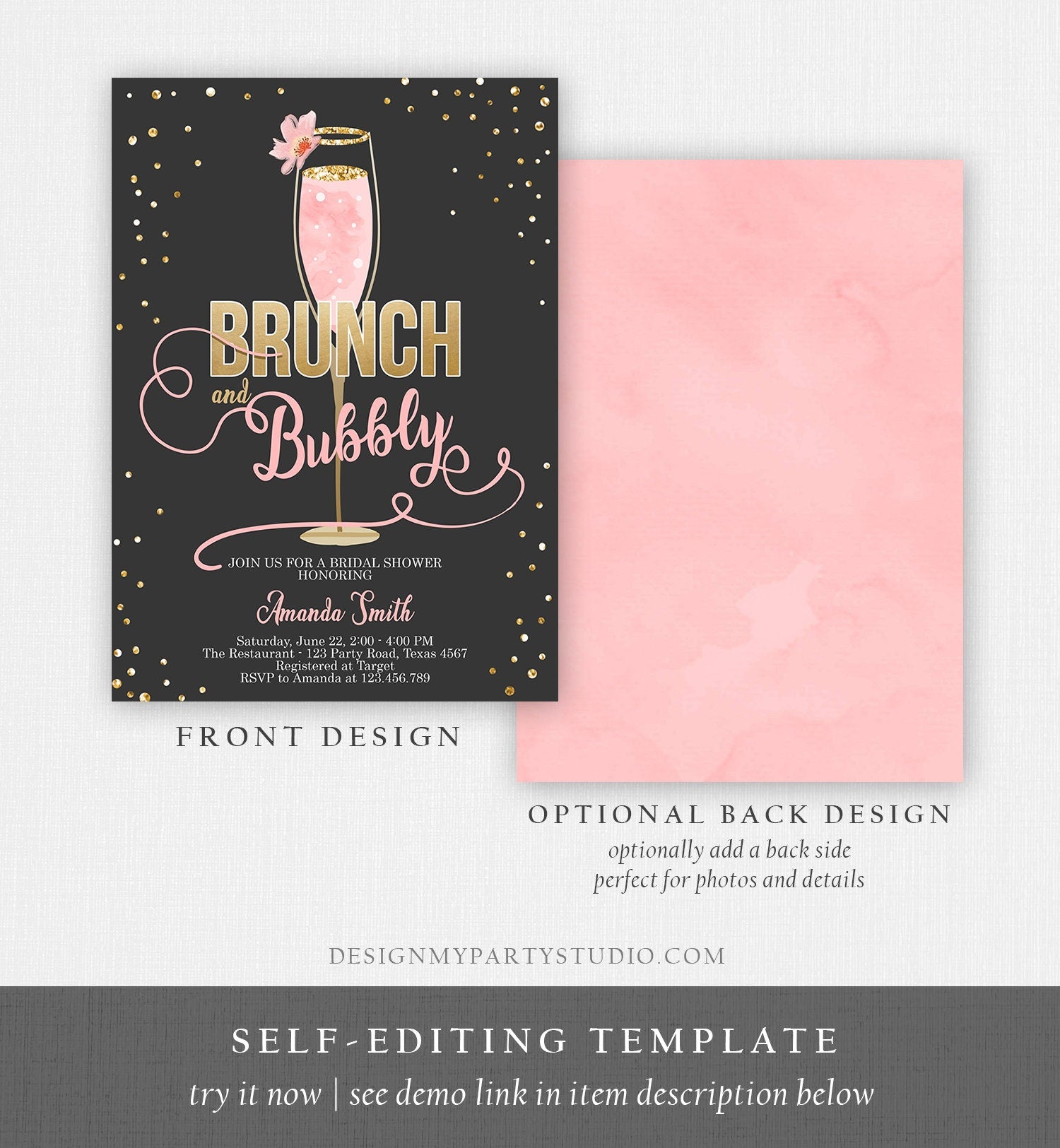 Editable Brunch and Bubbly Bridal Shower Invitation Floral Champagne Gold Pink Wedding Download Printable Template Digital Corjl 0150