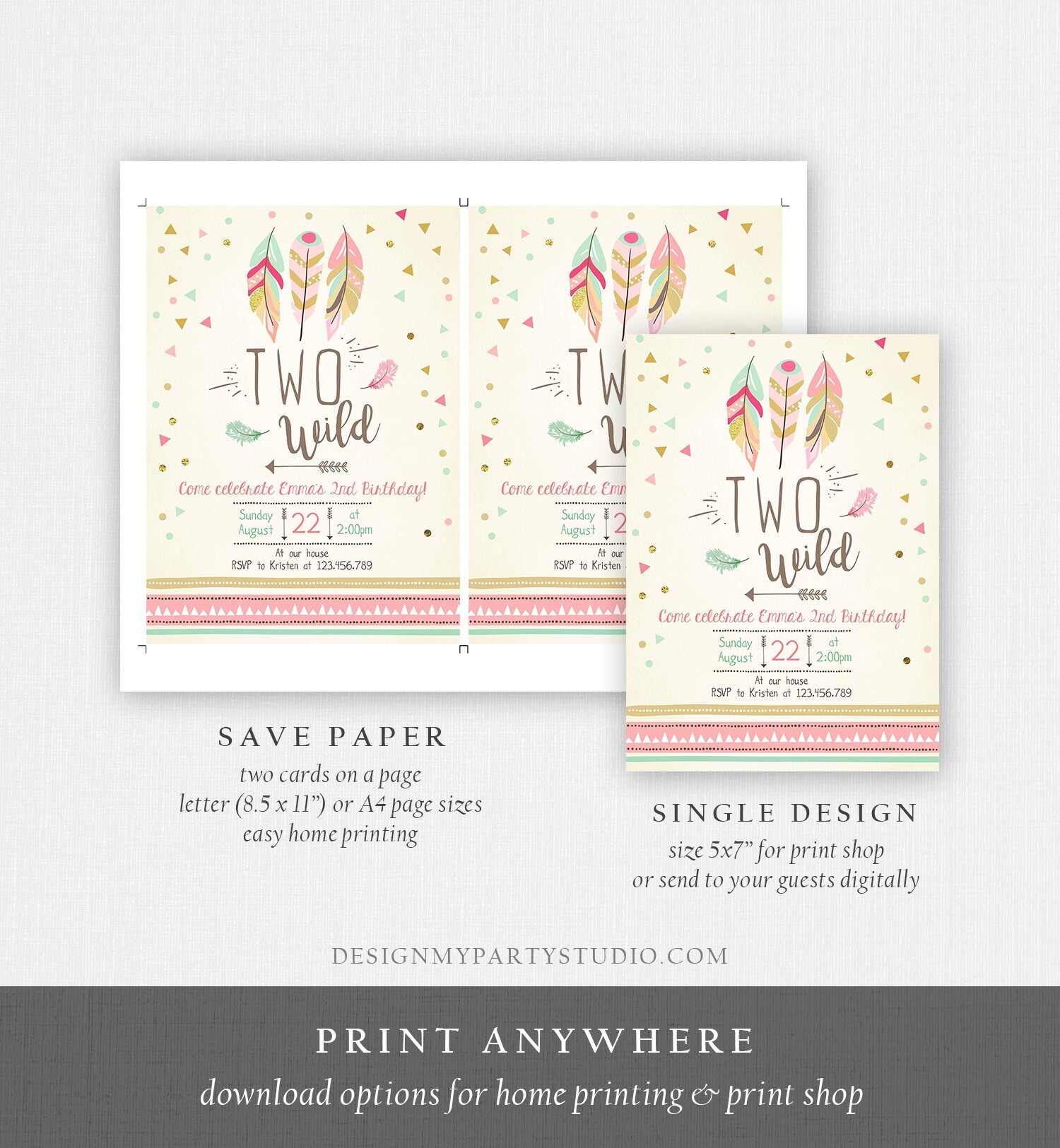 Editable Two Wild Birthday Invitation Feathers Tribal Girl Pink Boho Arrow Coral Mint Instant Download Printable Corjl Template Digital 0073