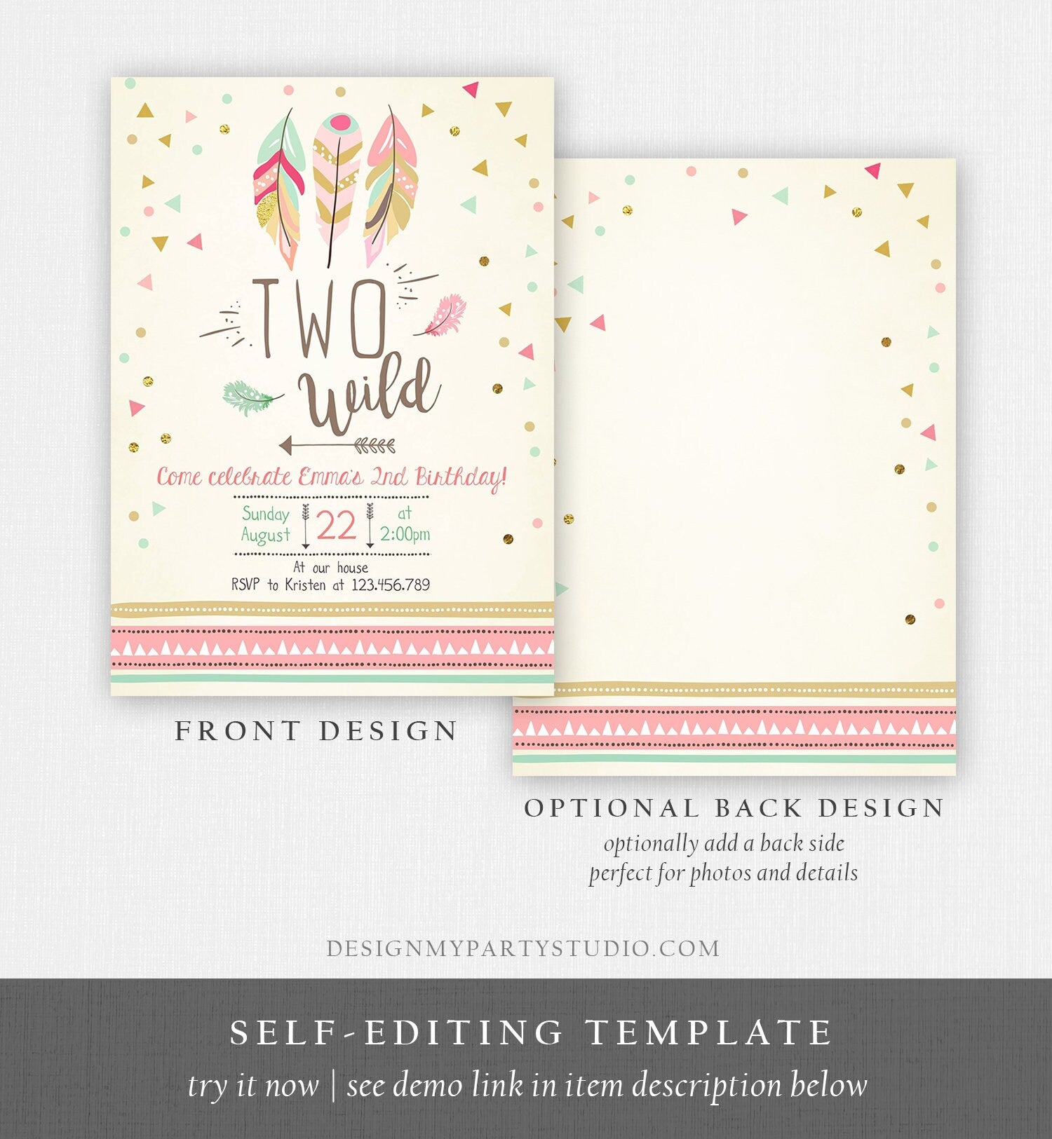 Editable Two Wild Birthday Invitation Feathers Tribal Girl Pink Boho Arrow Coral Mint Instant Download Printable Corjl Template Digital 0073