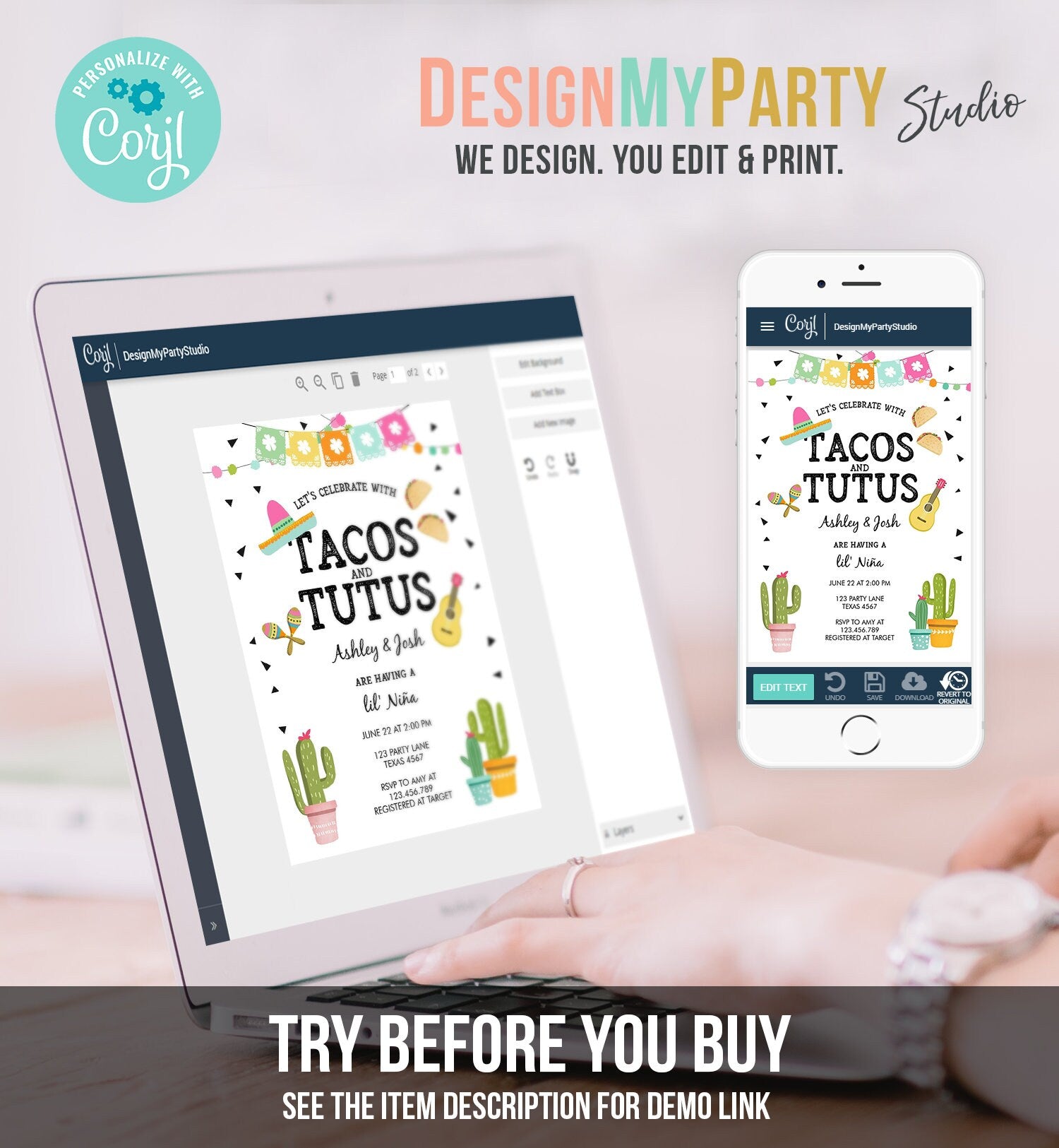 Editable Tacos and Tutus Baby Shower Invitation Cactus Mexican Fiesta Girl Birthday Invite Download Printable Invite Template Corjl 0161