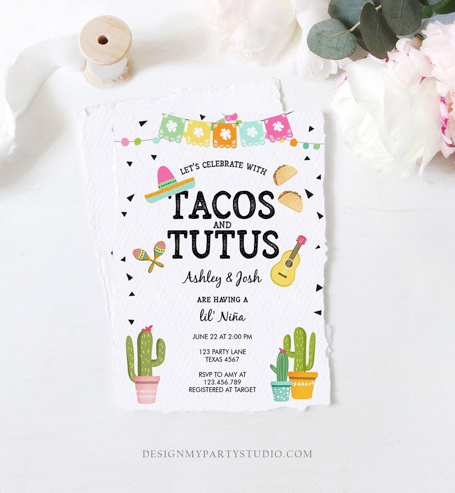 Editable Tacos and Tutus Baby Shower Invitation Cactus Mexican Fiesta Girl Birthday Invite Download Printable Invite Template Corjl 0161