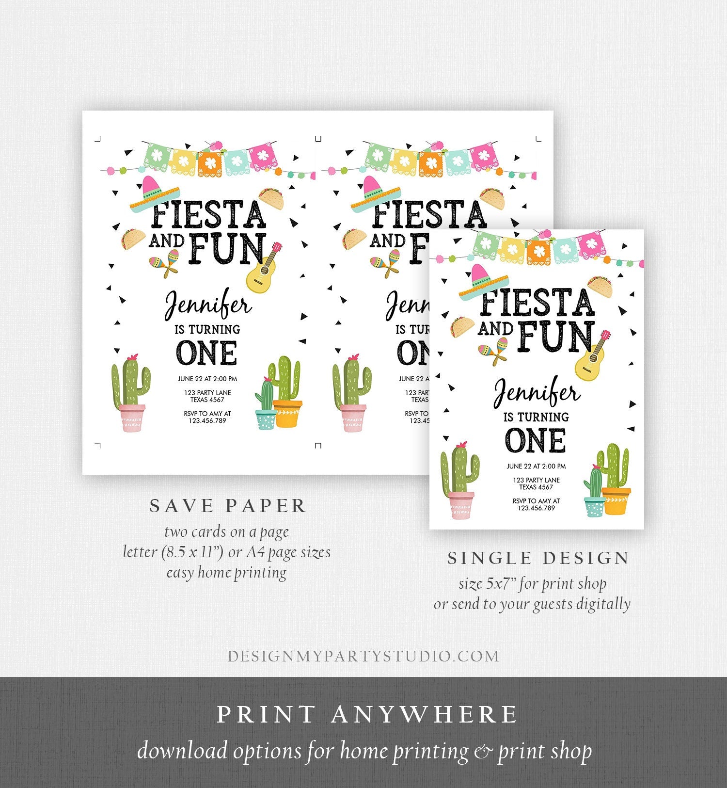 Editable Fiesta and Fun Birthday Invitation First Fiesta Cactus Sombrero Girl Instant Download Printable Invitation Template Corjl 0161