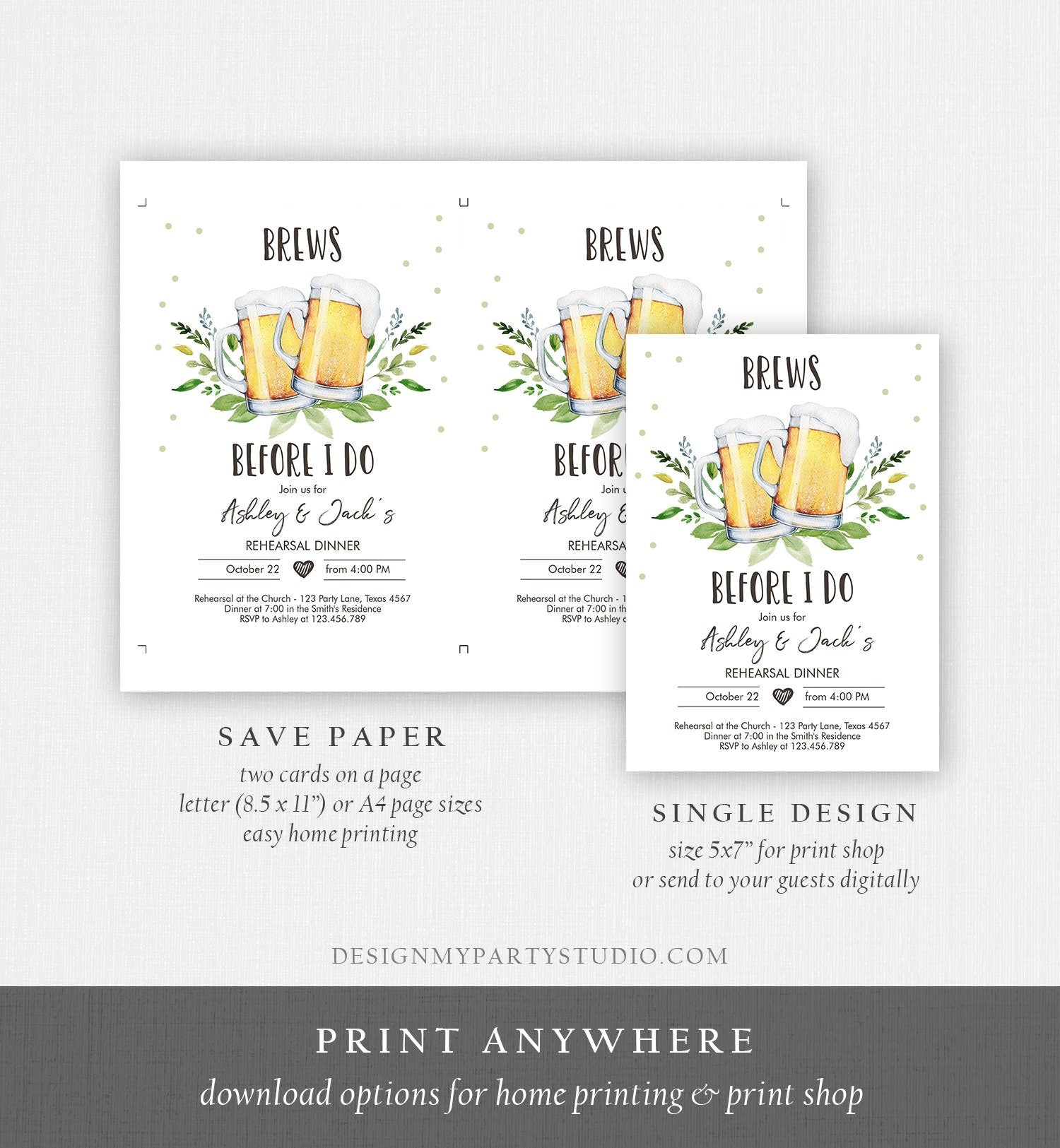 Editable Brews Before I Do Invitation Rehearsal Dinner Invitation Rustic Greenery Couples Shower Download Corjl Template Printable 0190