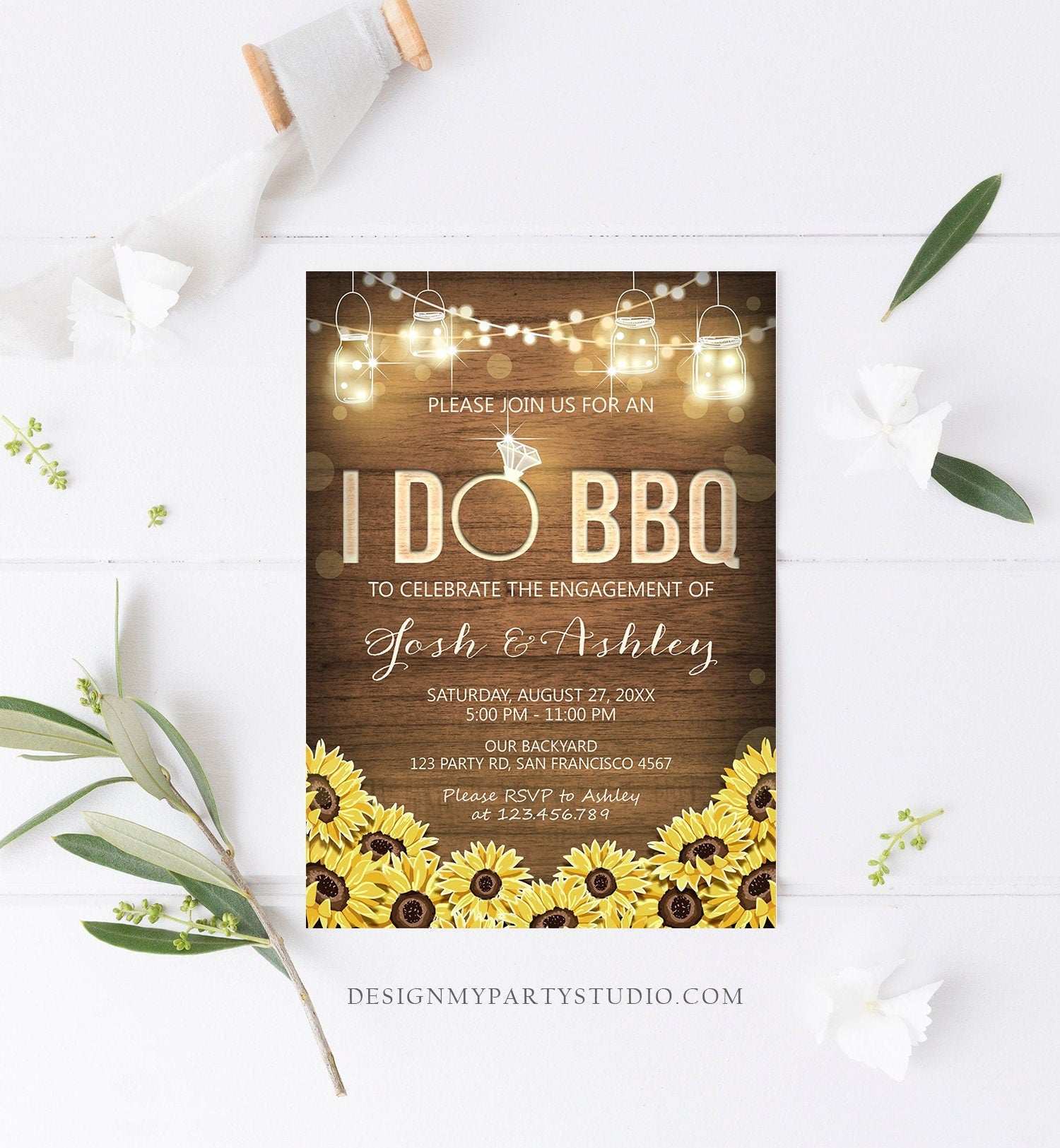 Editable I Do BBQ Invitation Couples Shower Invite Engagement Party Rustic Wood Lights Sunflowers Printable Template Corjl Digital 0015