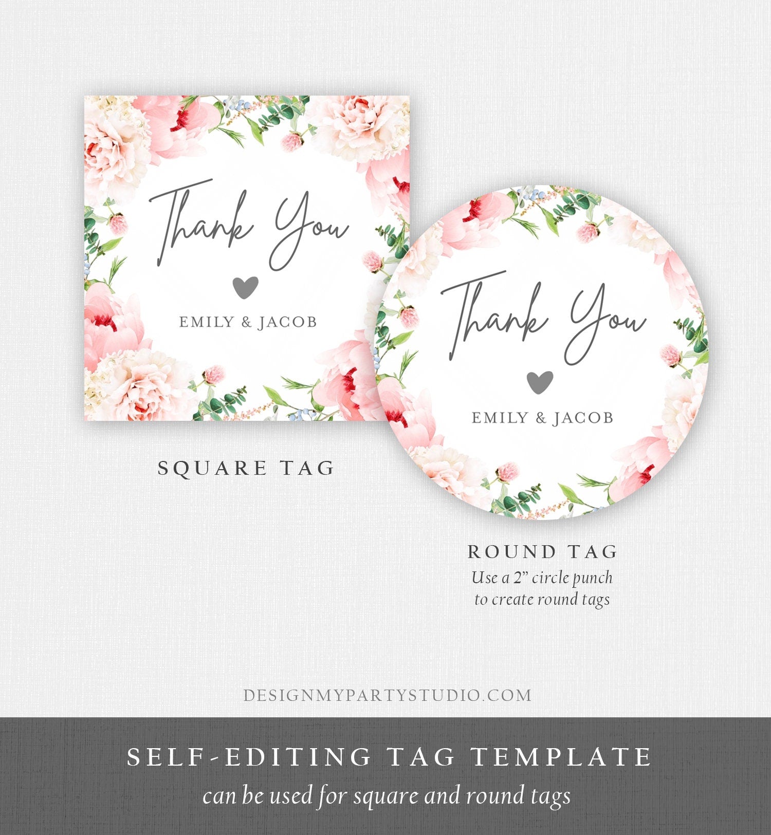 Editable Botanical Flowers Favor Tag Round Square Bridal Shower Wedding Thank You Pink Floral Peony Stickers Digital Template Printable 0167