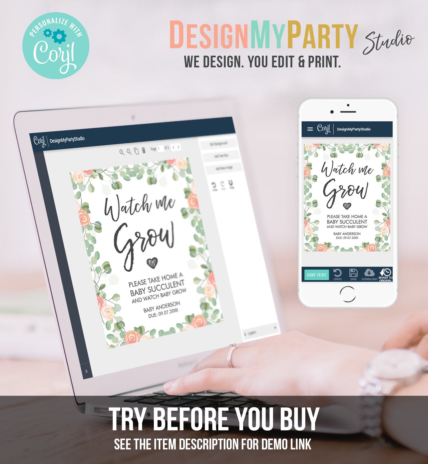 Editable Watch Me Grow Baby Shower Favor Watch Me Grow Sign Favor Sign Succulent Floral Take a Succulent Digital Template Printable 0029