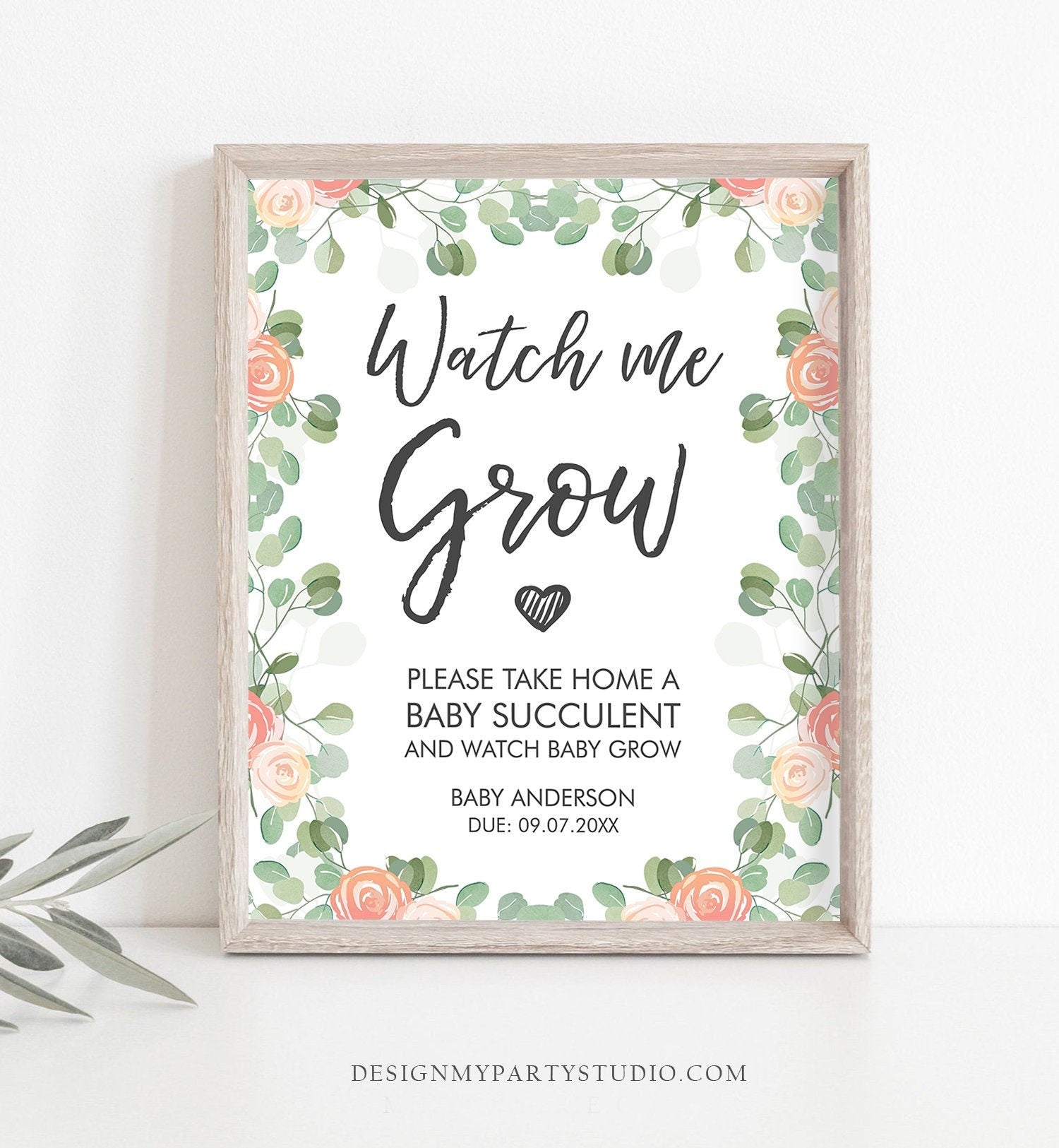 Editable Watch Me Grow Baby Shower Favor Watch Me Grow Sign Favor Sign Succulent Floral Take a Succulent Digital Template Printable 0029