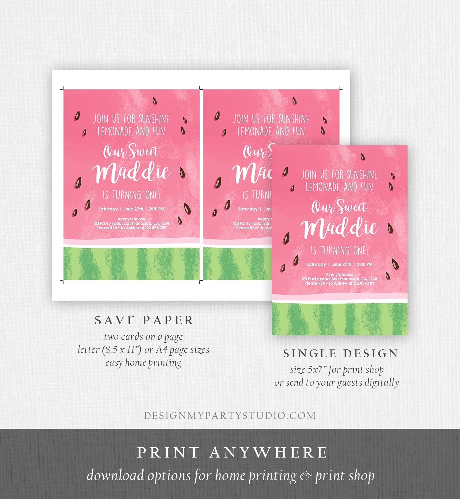 Editable Watermelon Birthday Invitation One in a Melon Invite Melon Party Summer Lemonade Digital Download Corjl Template Printable 0250