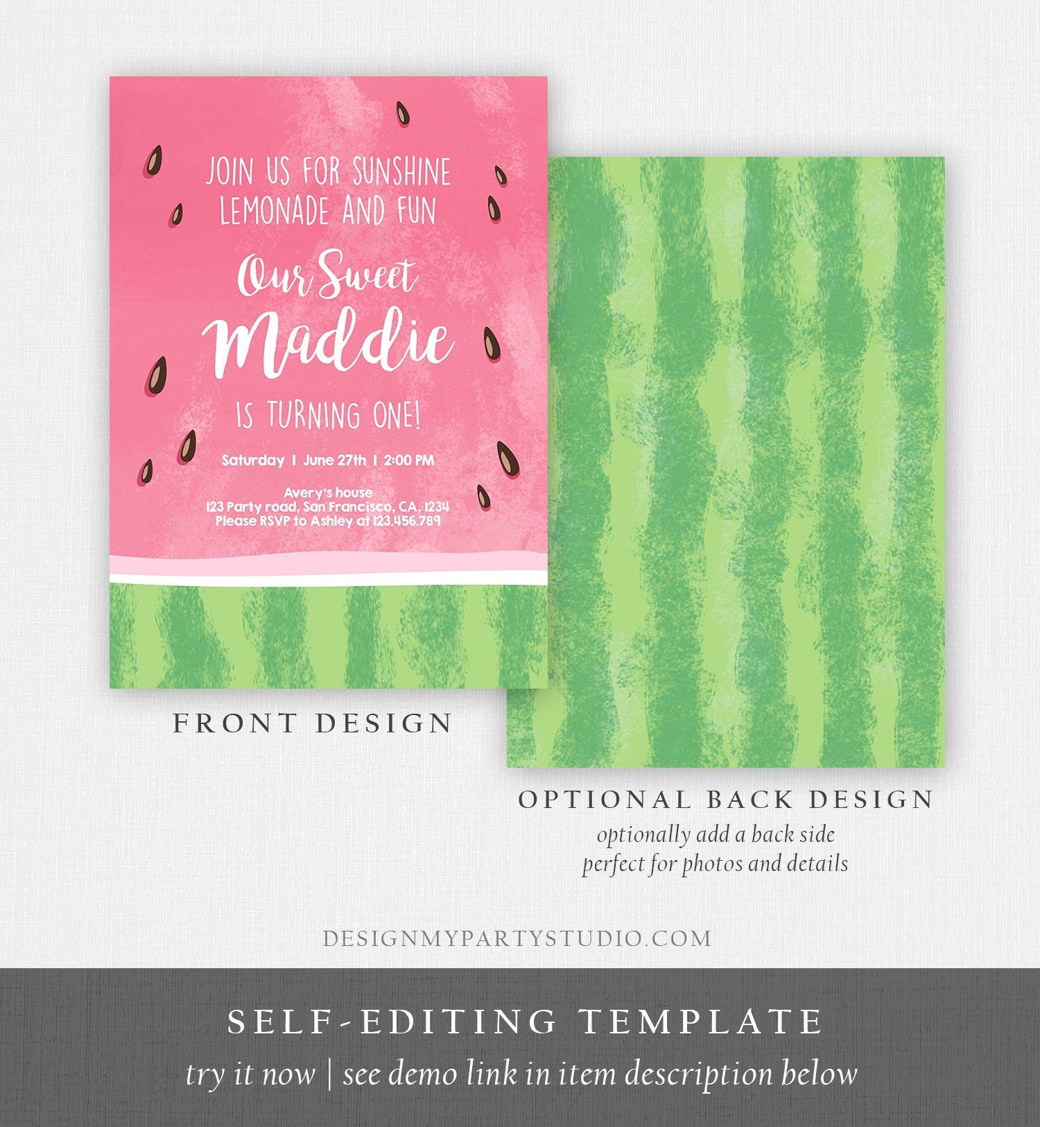 Editable Watermelon Birthday Invitation One in a Melon Invite Melon Party Summer Lemonade Digital Download Corjl Template Printable 0250