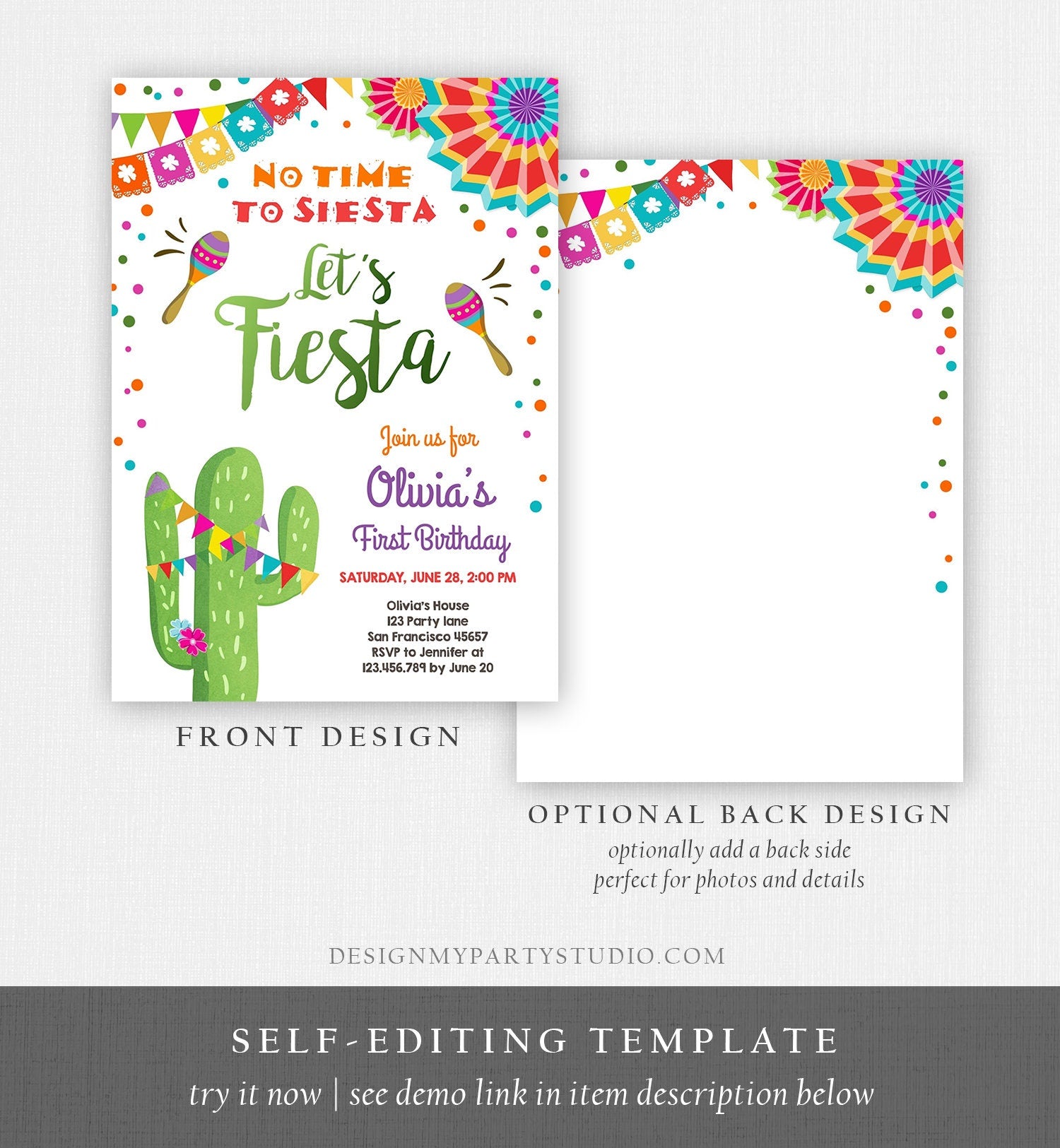 Editable Let's Fiesta Birthday Invitation No Time To Siesta Girl Cactus Samba Confetti First Birthday Download Corjl Template Printable 0045