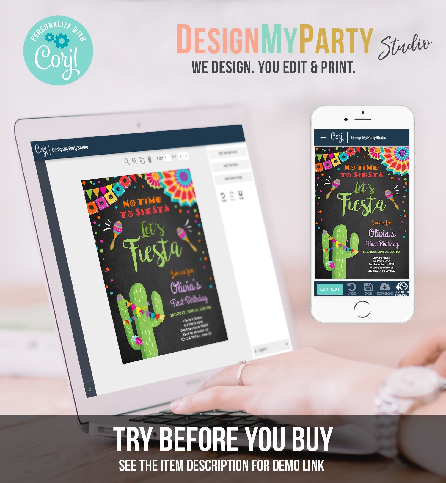 Editable Let's Fiesta Birthday Invitation No Time To Siesta Girl Cactus Samba Confetti First Birthday Chalk Corjl Template Printable 0045