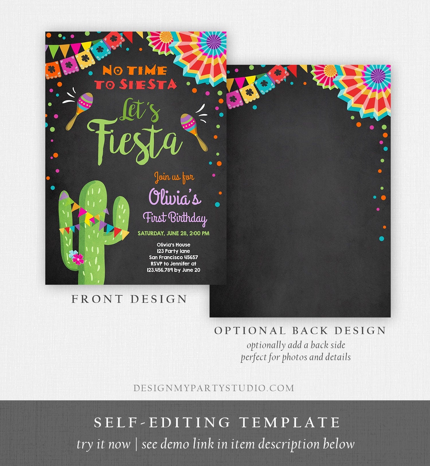 Editable Let's Fiesta Birthday Invitation No Time To Siesta Girl Cactus Samba Confetti First Birthday Chalk Corjl Template Printable 0045