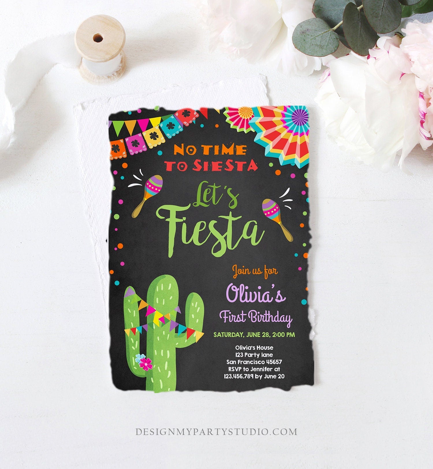 Editable Let's Fiesta Birthday Invitation No Time To Siesta Girl Cactus Samba Confetti First Birthday Chalk Corjl Template Printable 0045