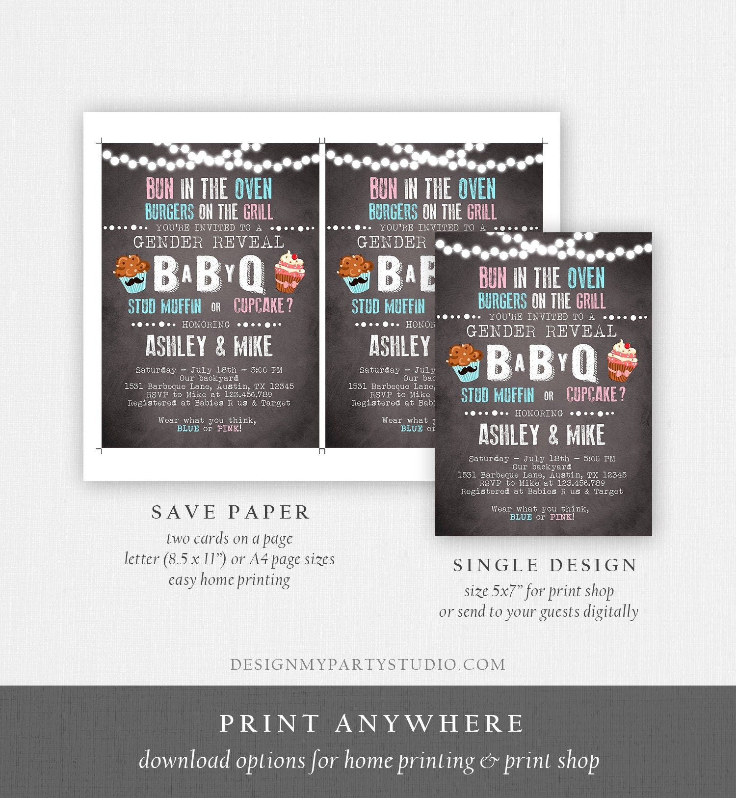 Editable Gender Reveal Invitation BBQ Couples Shower BabyQ invite Pink or Blue Muffin Instant Download Printable Template Corjl Digital 0309