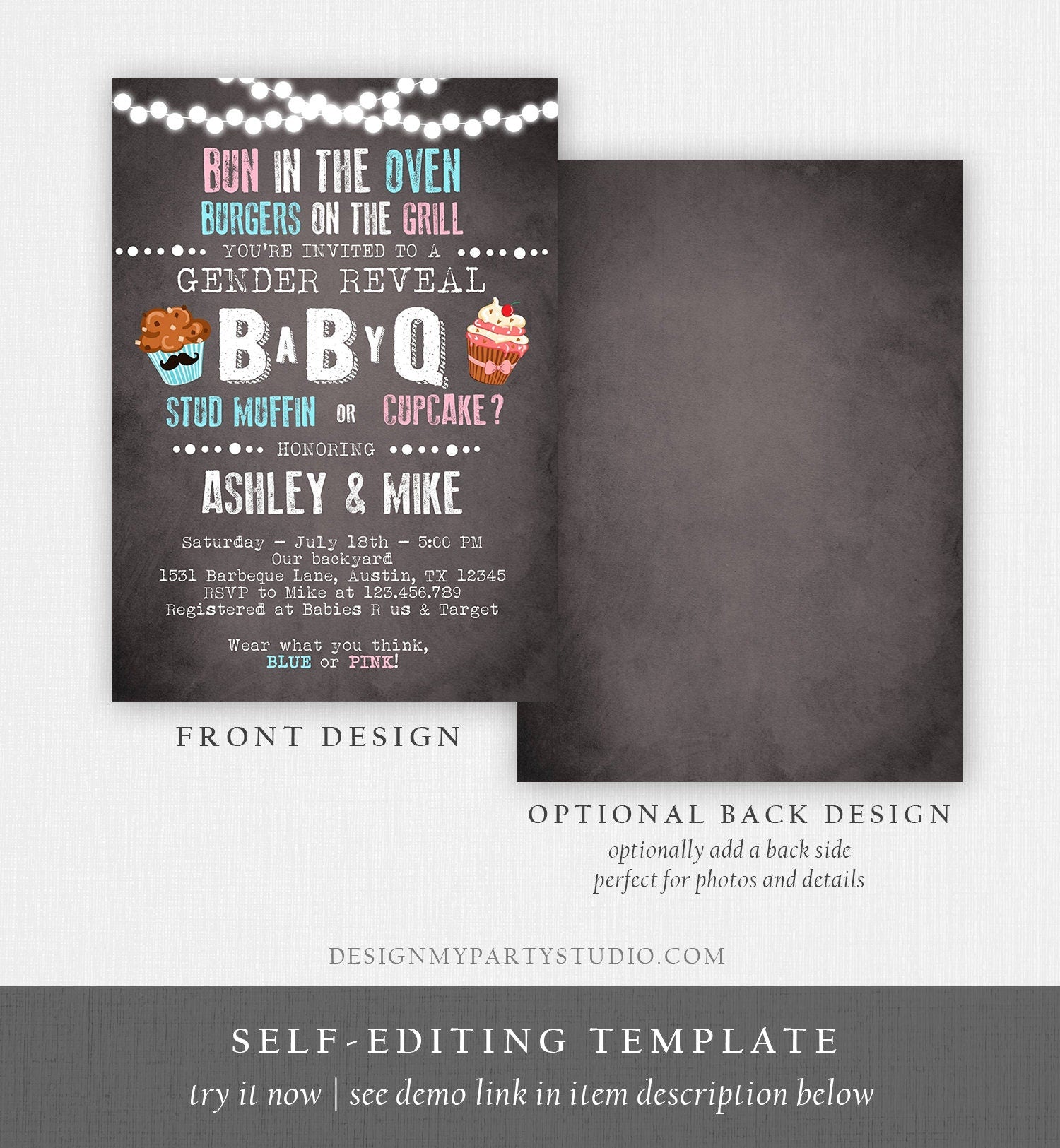 Editable Gender Reveal Invitation BBQ Couples Shower BabyQ invite Pink or Blue Muffin Instant Download Printable Template Corjl Digital 0309