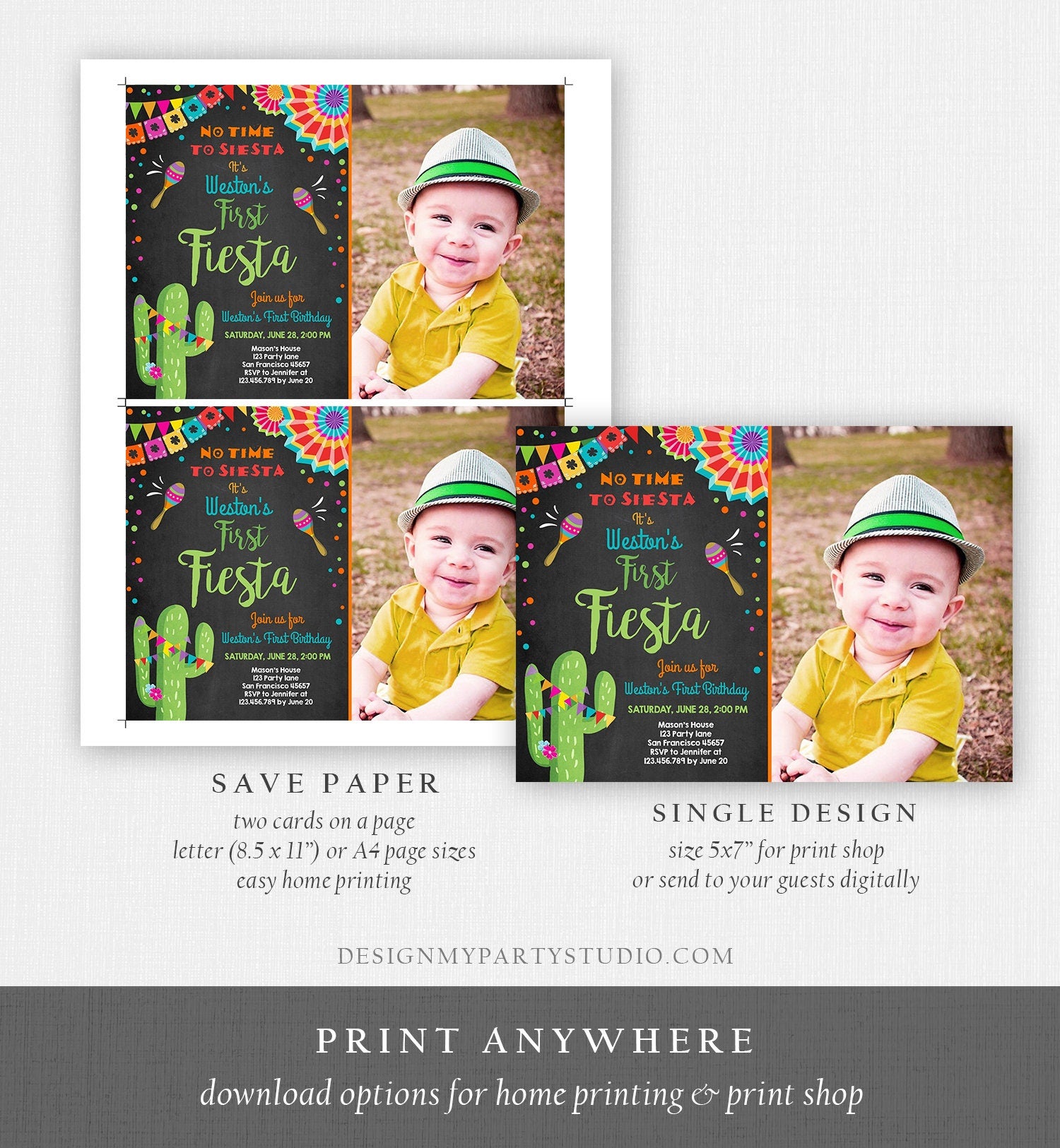 Editable First Fiesta Birthday Invitation Let's Fiesta No Time To Siesta Cactus Mexican Boy Samba Download Printable Corjl Template 0045