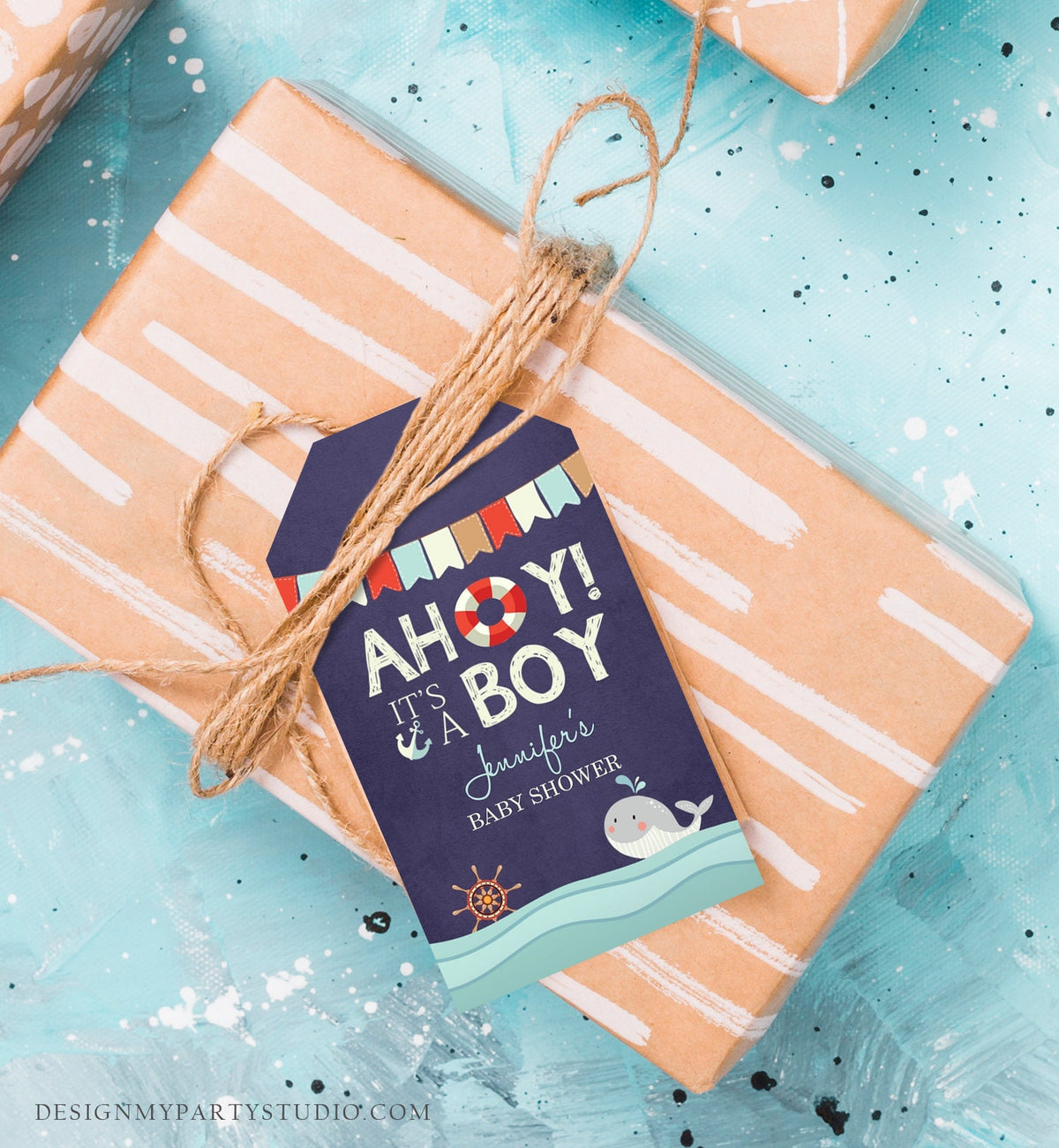 Editable Ahoy Its A Boy Baby Shower Favor Tags Nautical Gift tags Ocean Boy Shower Whale Navy Shower Label Sprinkle Tags Template Corjl 0018