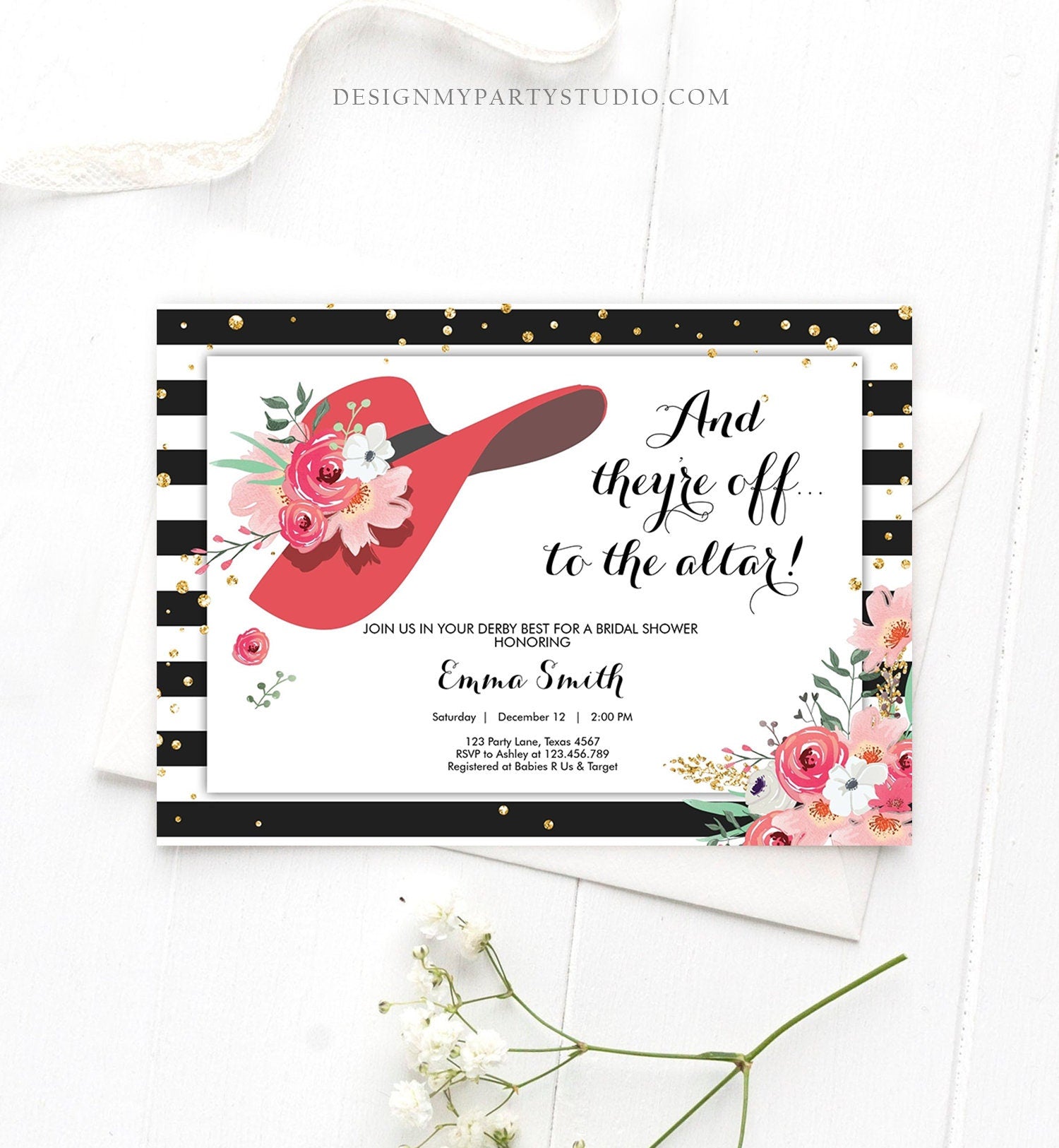 Editable Bridal Shower Invitation Derby Wear a Hat Horse races Floral Flowers Gold Red Pink Confetti Download Printable Template Corjl 0249