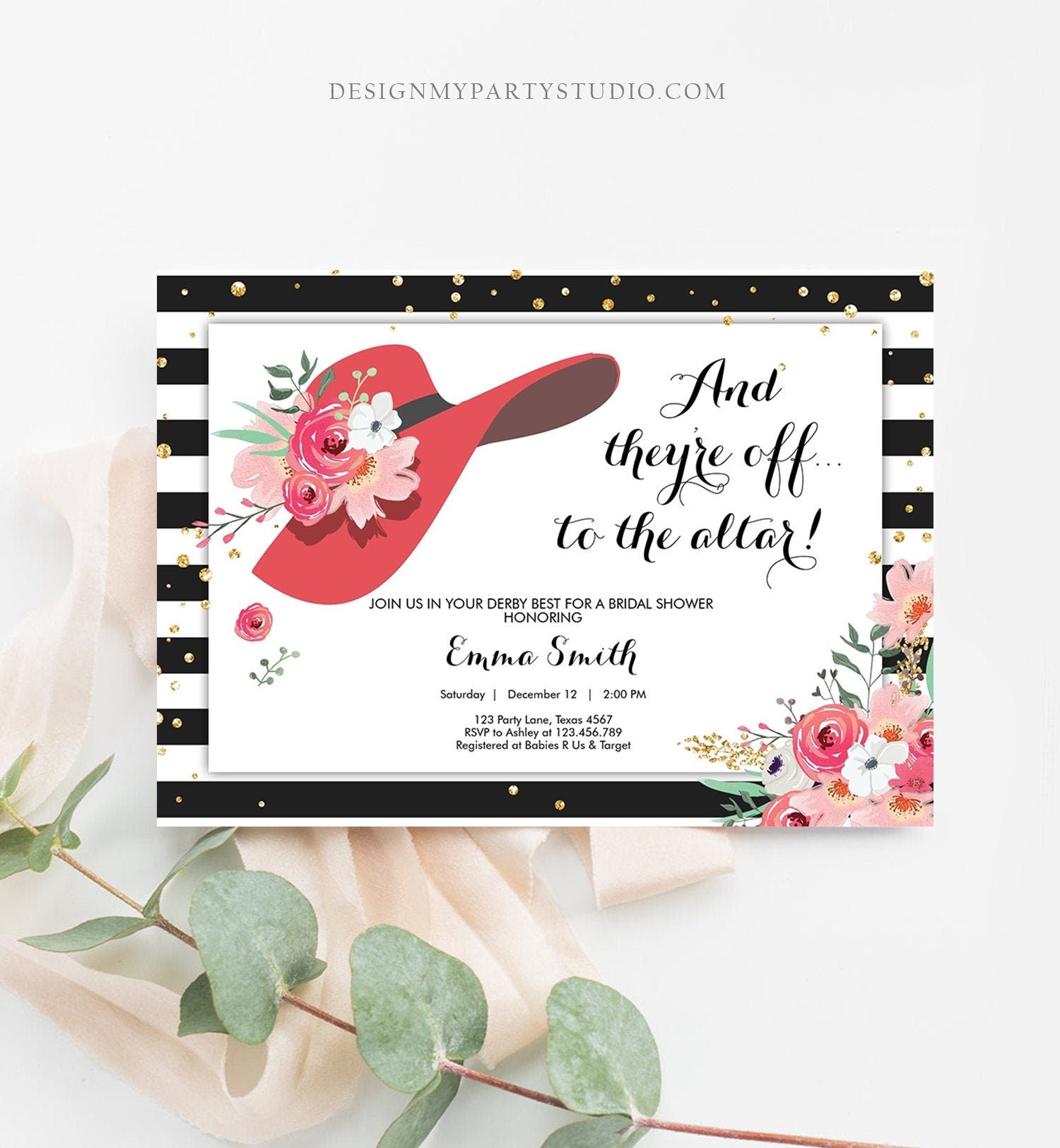 Editable Bridal Shower Invitation Derby Wear a Hat Horse races Floral Flowers Gold Red Pink Confetti Download Printable Template Corjl 0249