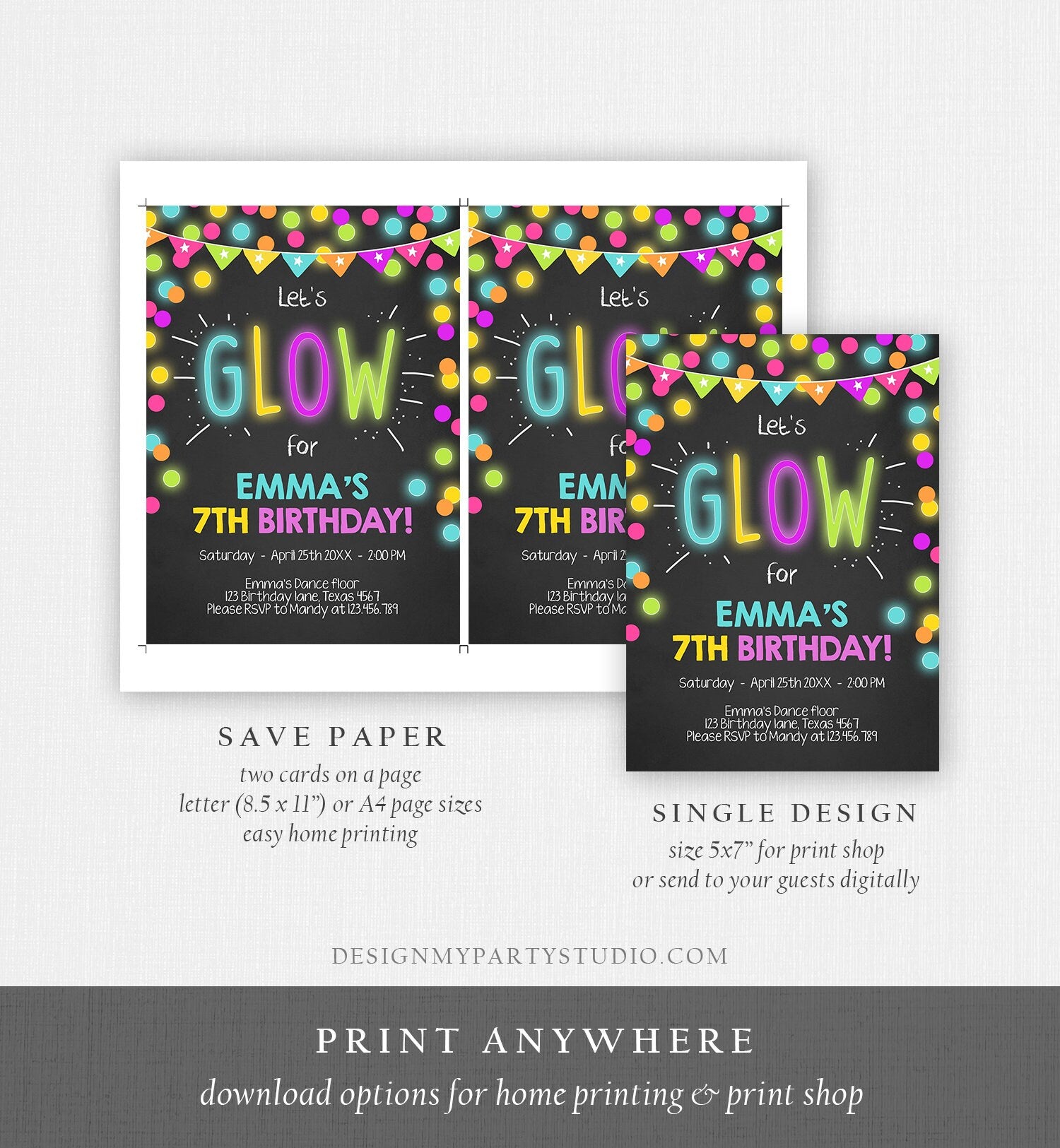 Editable Glow Birthday Invitation Glow Party Invite Neon Glow In The Dark Party Girls Teen Pink Download Printable Template Corjl 0310