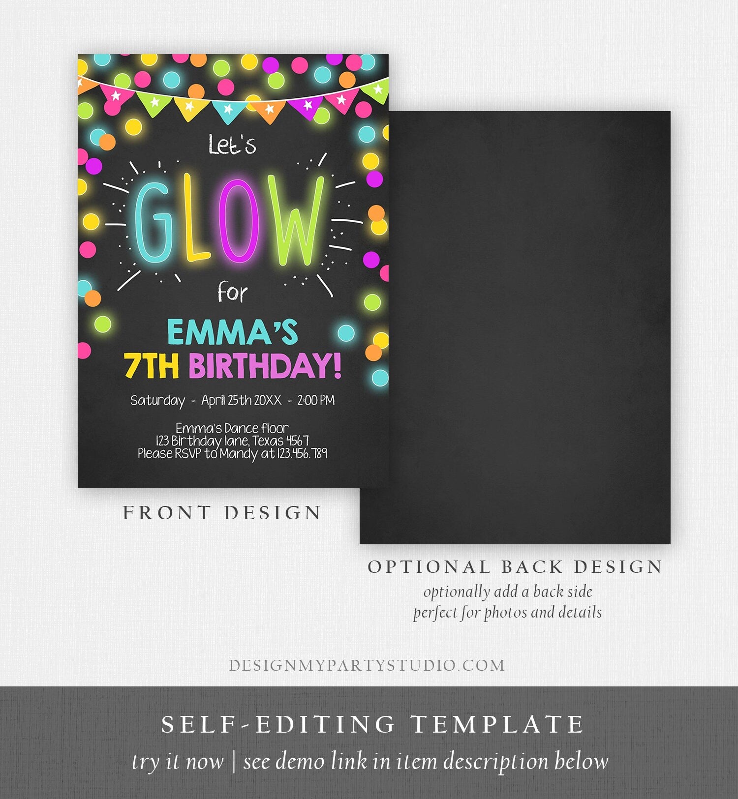 Editable Glow Birthday Invitation Glow Party Invite Neon Glow In The Dark Party Girls Teen Pink Download Printable Template Corjl 0310