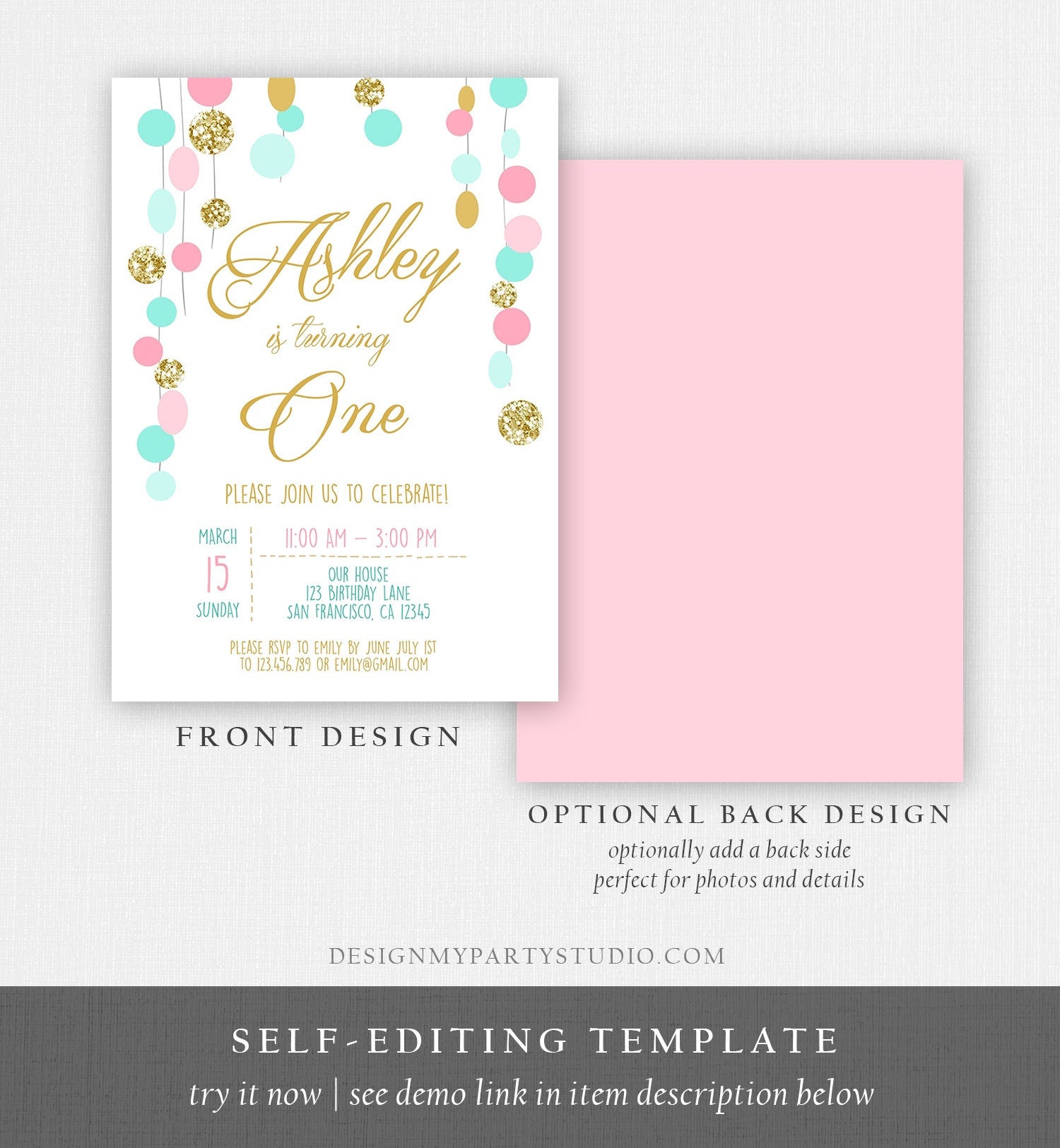 Editable Birthday Invitation Girl Confetti Pink Mint Gold First Birthday 1st Birthday Simple Printable Invite Template Corjl Digital 0245