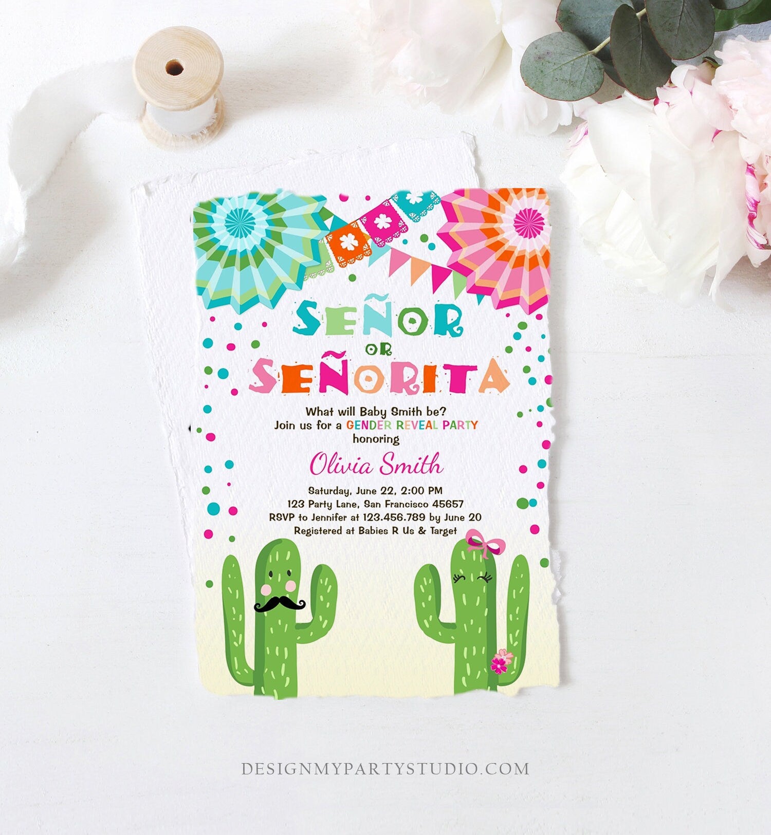 Editable Señor Or Señorita Gender Reveal Invitation Fiesta Boy or Girl Cactus Mexican Senor Senorita Blue Pink Confetti Corjl Template 0045