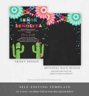 Editable Señor Or Señorita Gender Reveal Invitation Fiesta Boy or Girl Cactus Mexican Senor Senorita Blue Pink Confetti Corjl Template 0045