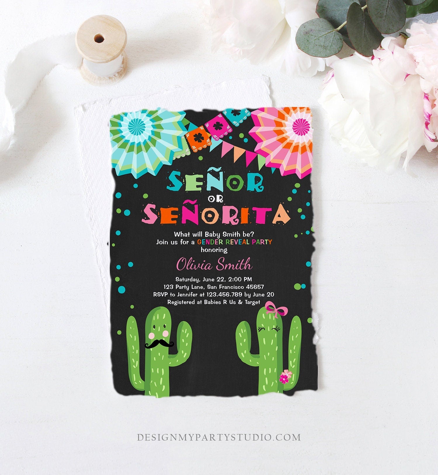 Editable Señor Or Señorita Gender Reveal Invitation Fiesta Boy or Girl Cactus Mexican Senor Senorita Blue Pink Confetti Corjl Template 0045