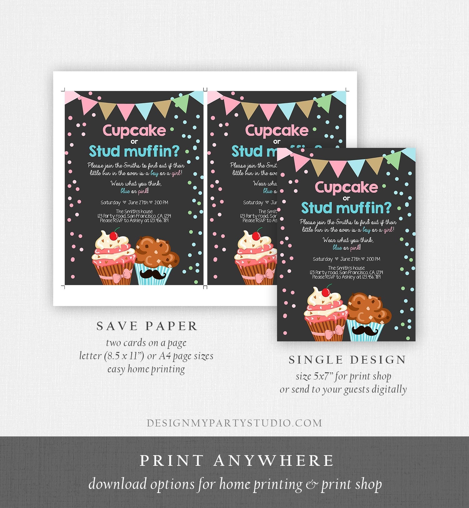 Editable Cupcake or Stud Muffin Gender Reveal Party Invitation Boy or Girl He or She Pink or Blue Download Editable Printable Corjl 0229