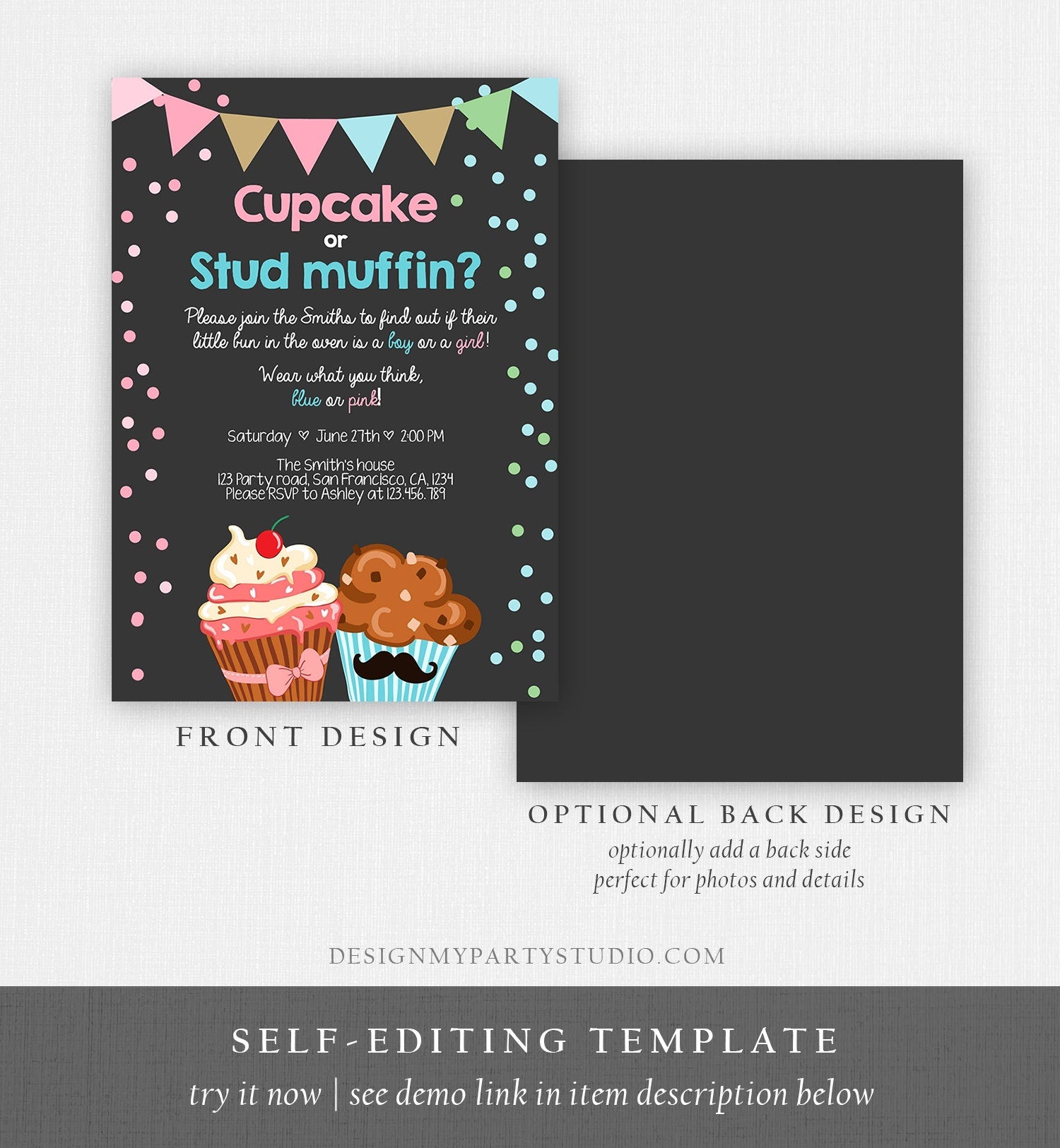 Editable Cupcake or Stud Muffin Gender Reveal Party Invitation Boy or Girl He or She Pink or Blue Download Editable Printable Corjl 0229